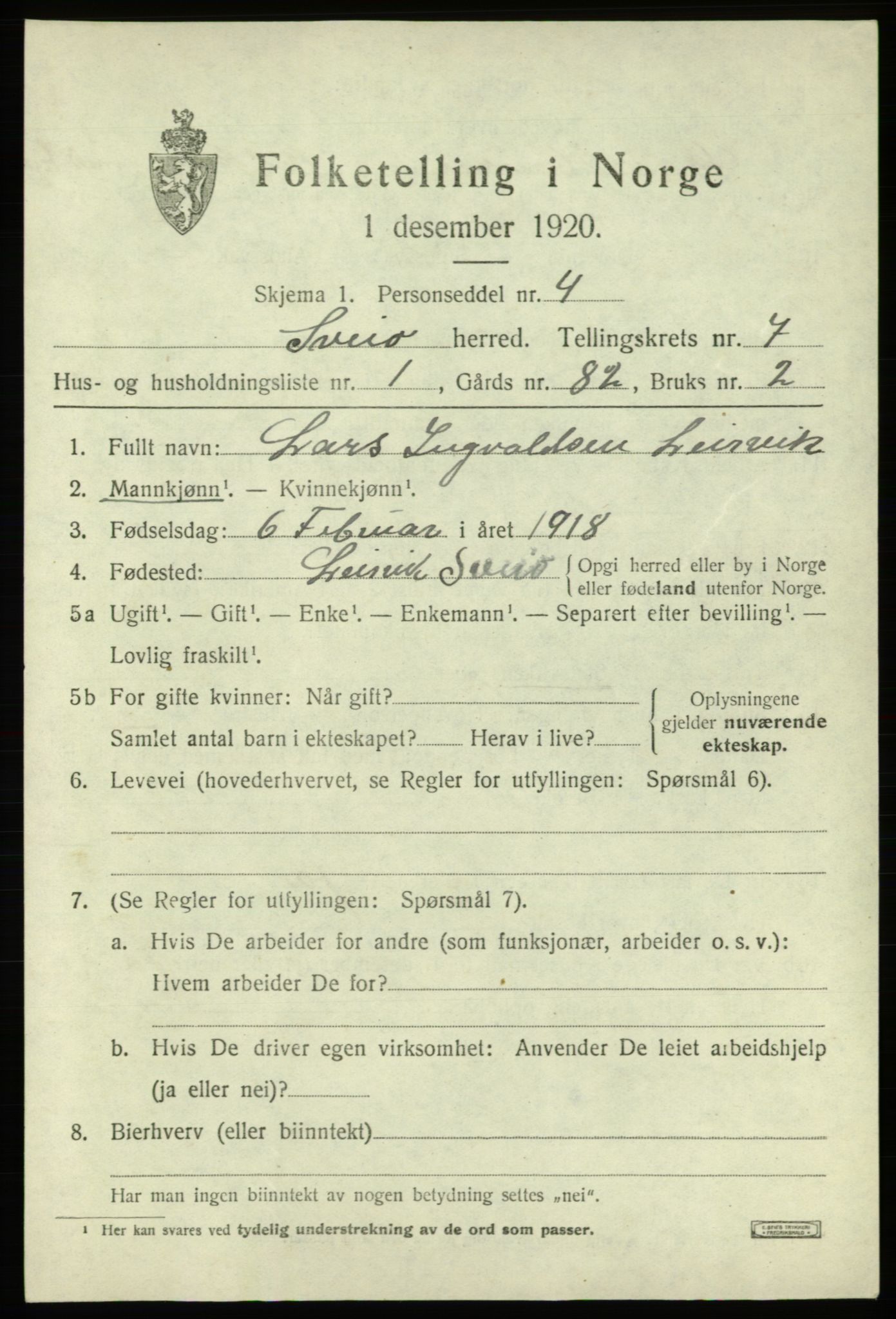 SAB, 1920 census for Sveio, 1920, p. 3556