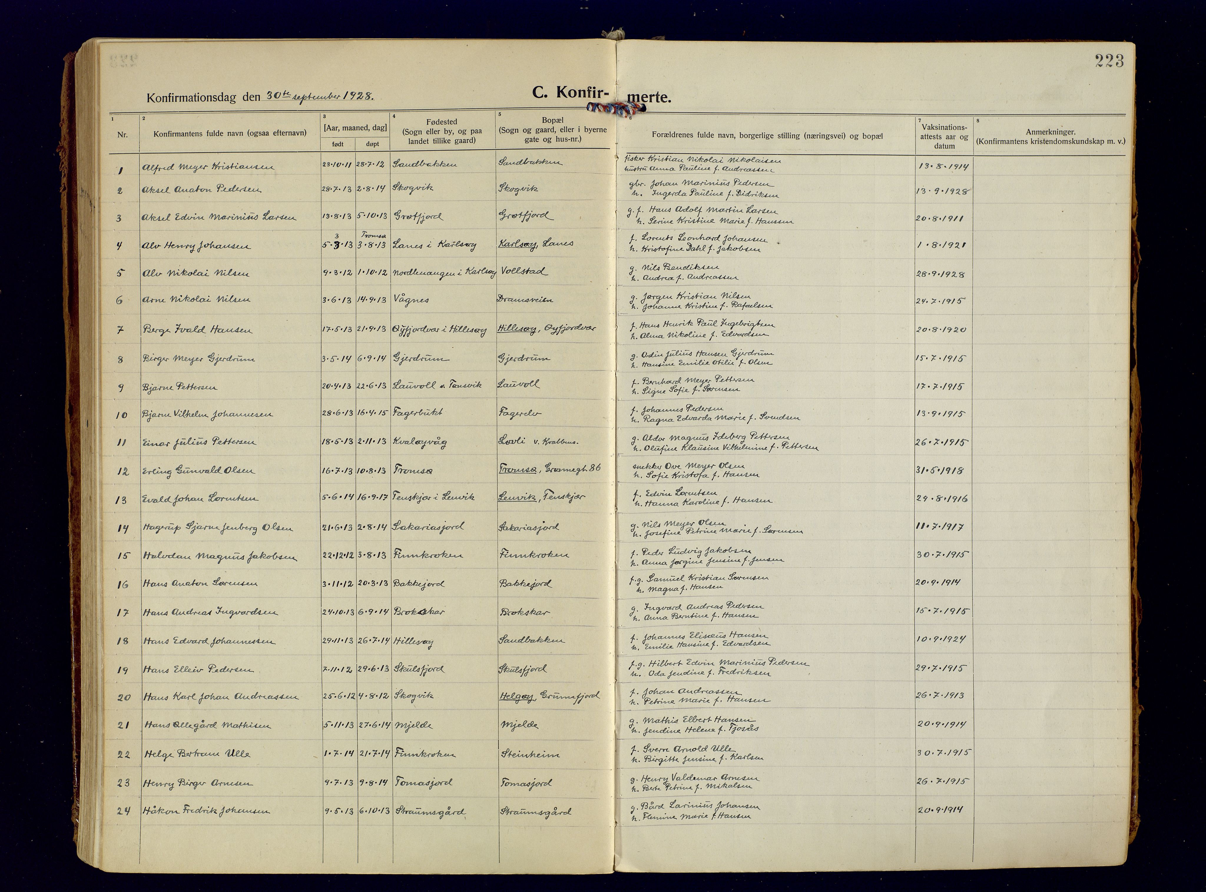 Tromsøysund sokneprestkontor, AV/SATØ-S-1304/G/Ga/L0009kirke: Parish register (official) no. 9, 1922-1934, p. 223