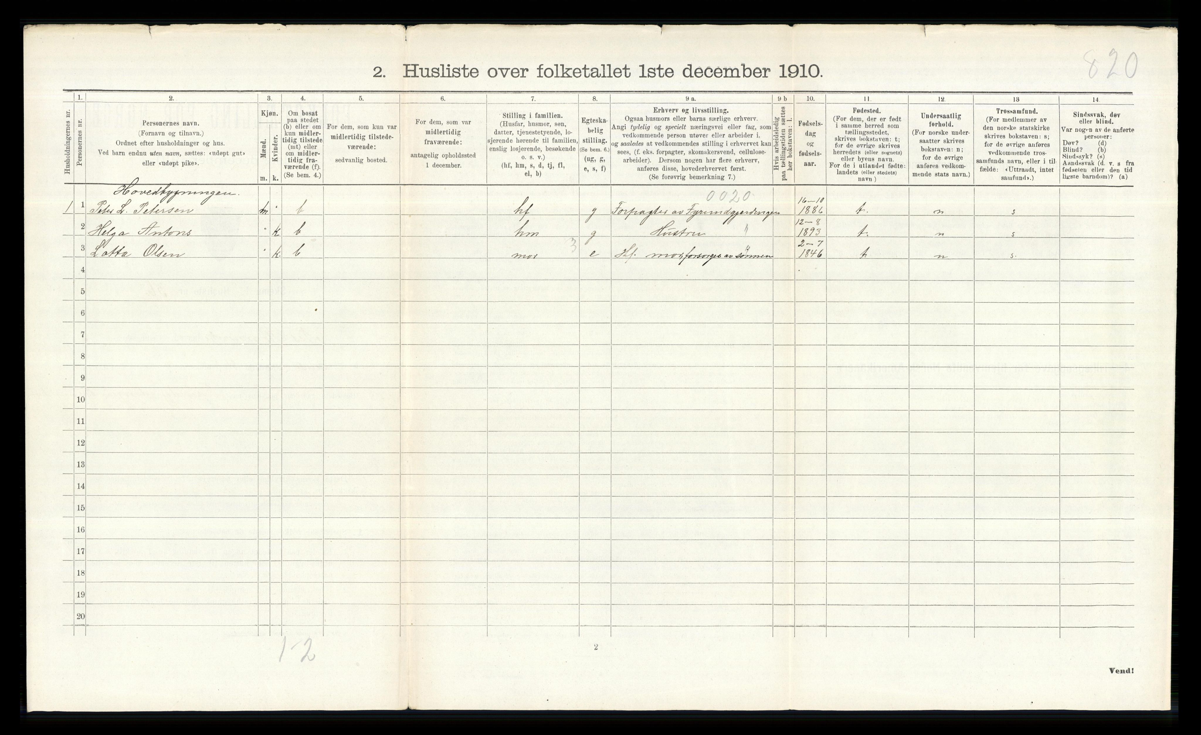 RA, 1910 census for Nes, 1910, p. 825