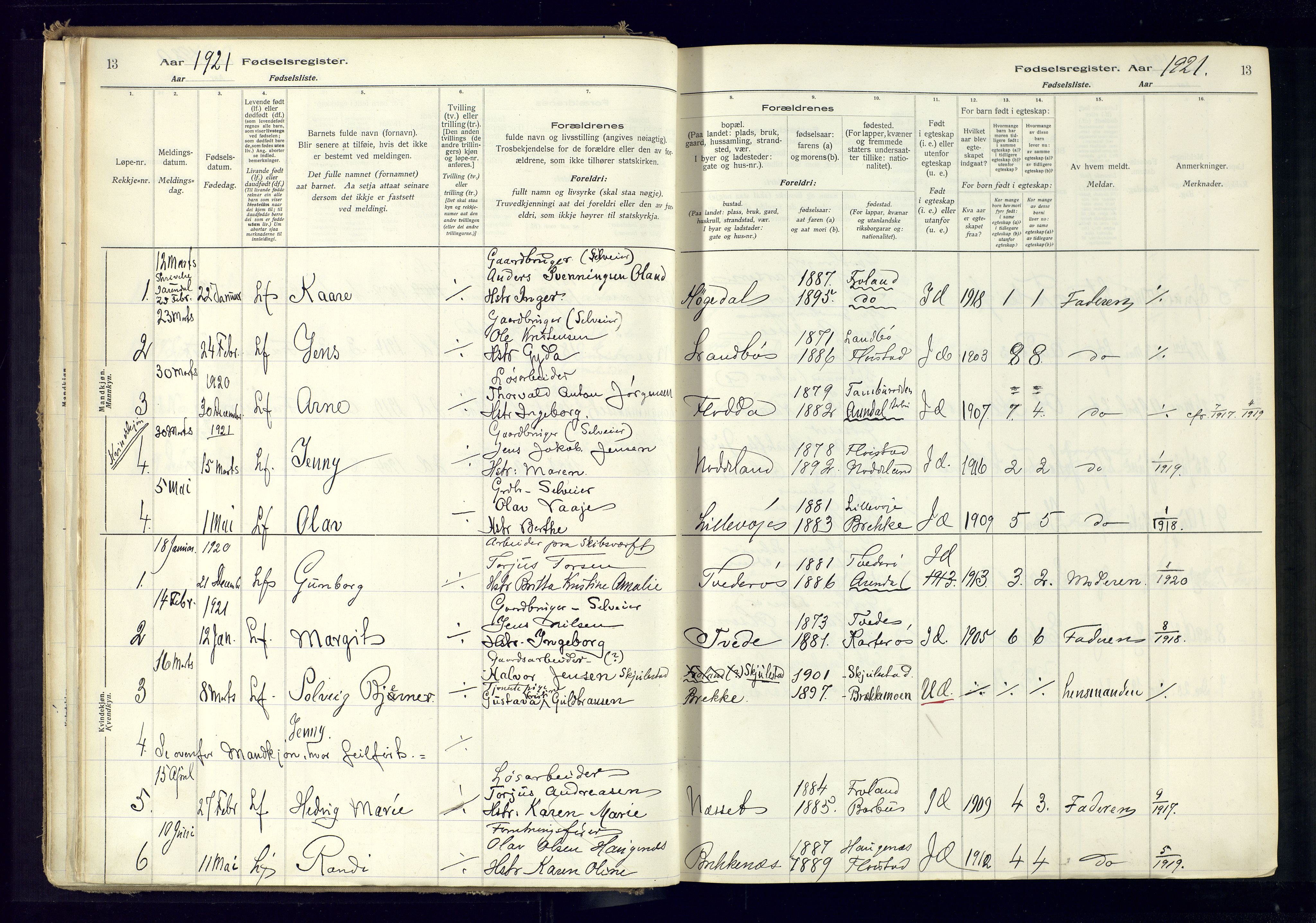 Austre Moland sokneprestkontor, SAK/1111-0001/J/Ja/L0001: Birth register no. A-VI-25, 1916-1975, p. 13
