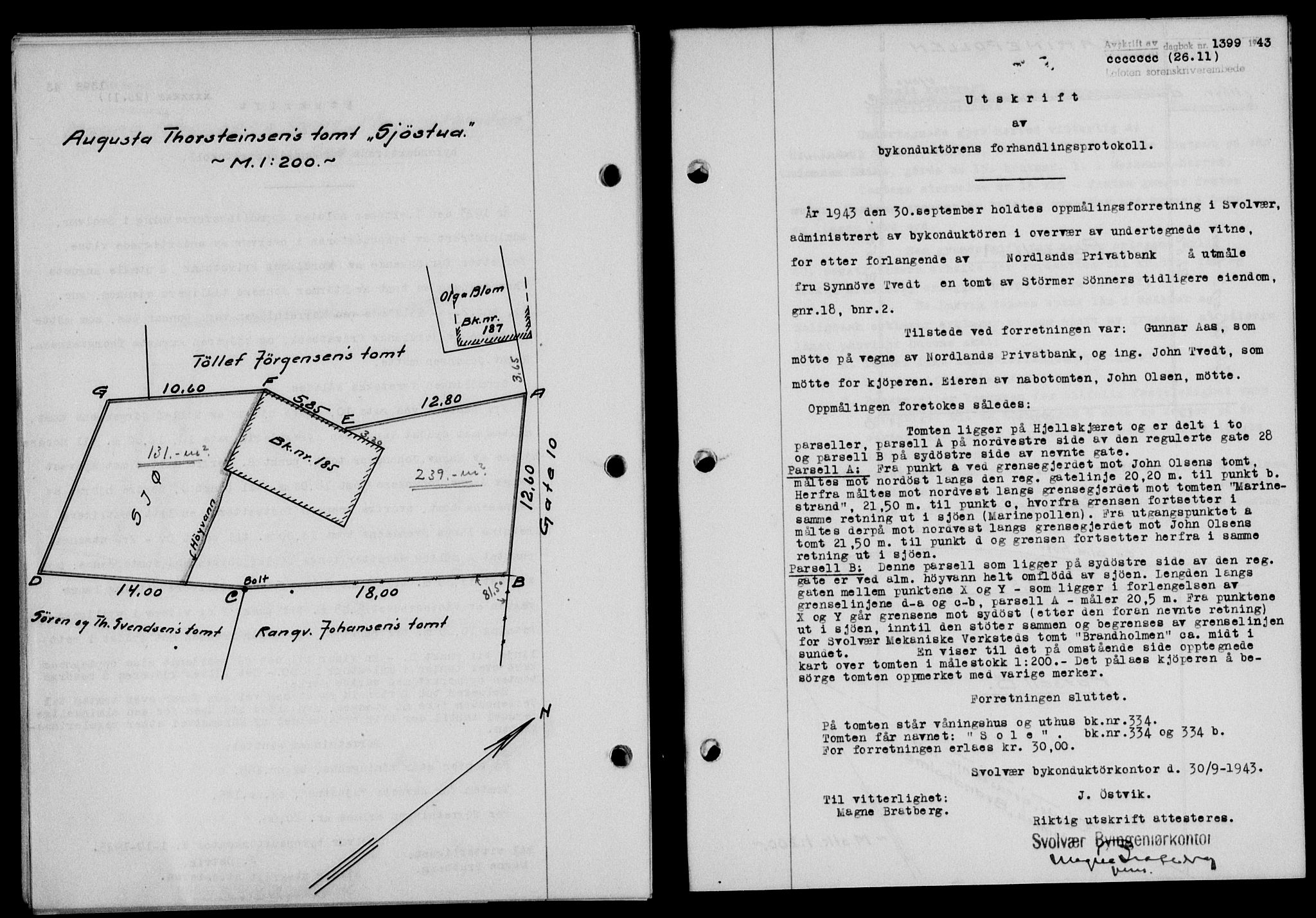 Lofoten sorenskriveri, SAT/A-0017/1/2/2C/L0011a: Mortgage book no. 11a, 1943-1943, Diary no: : 1399/1943