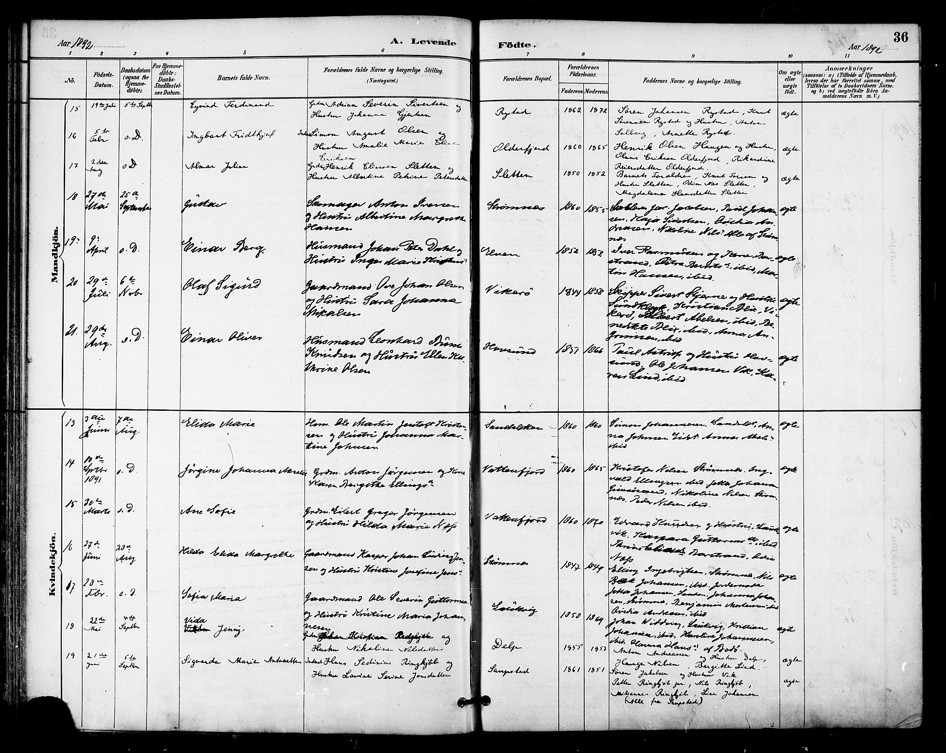 Ministerialprotokoller, klokkerbøker og fødselsregistre - Nordland, AV/SAT-A-1459/876/L1097: Parish register (official) no. 876A03, 1886-1896, p. 36