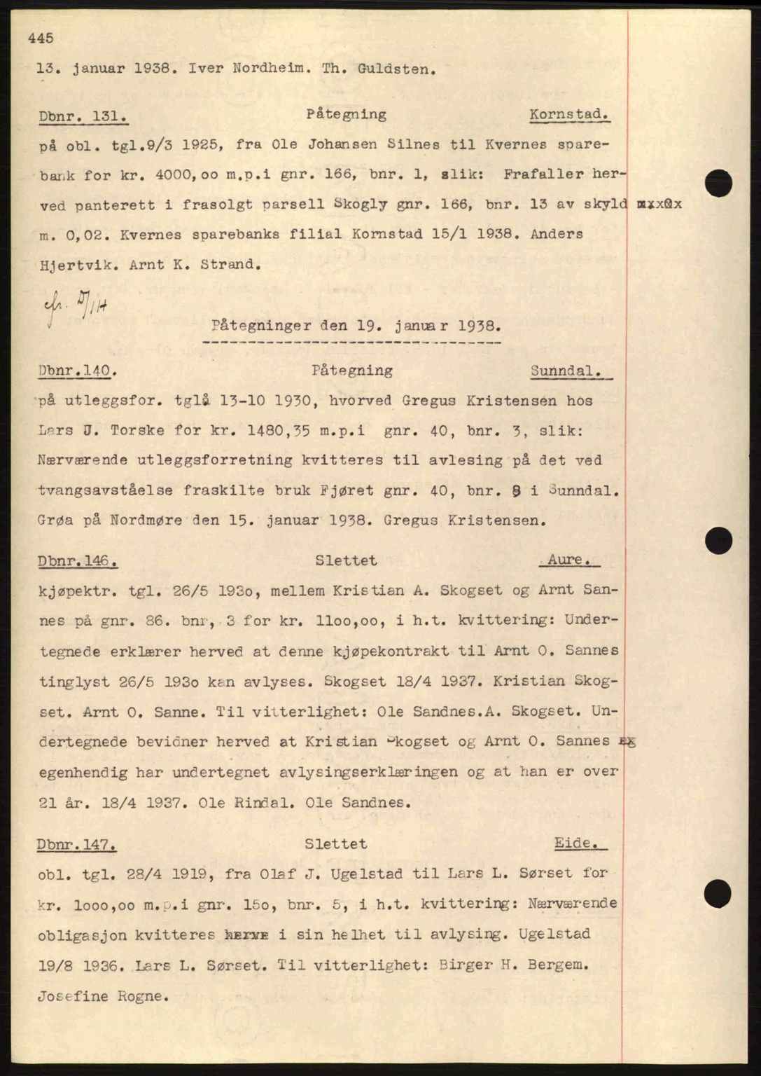 Nordmøre sorenskriveri, AV/SAT-A-4132/1/2/2Ca: Mortgage book no. C80, 1936-1939, Diary no: : 131/1938