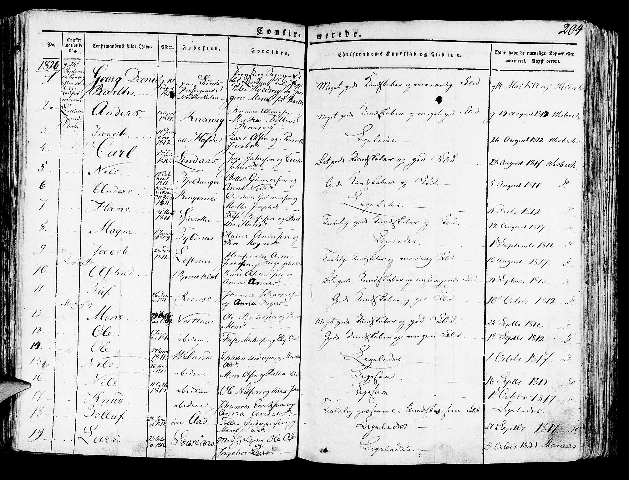 Lindås Sokneprestembete, AV/SAB-A-76701/H/Haa/Haaa/L0008: Parish register (official) no. A 8, 1823-1836, p. 204
