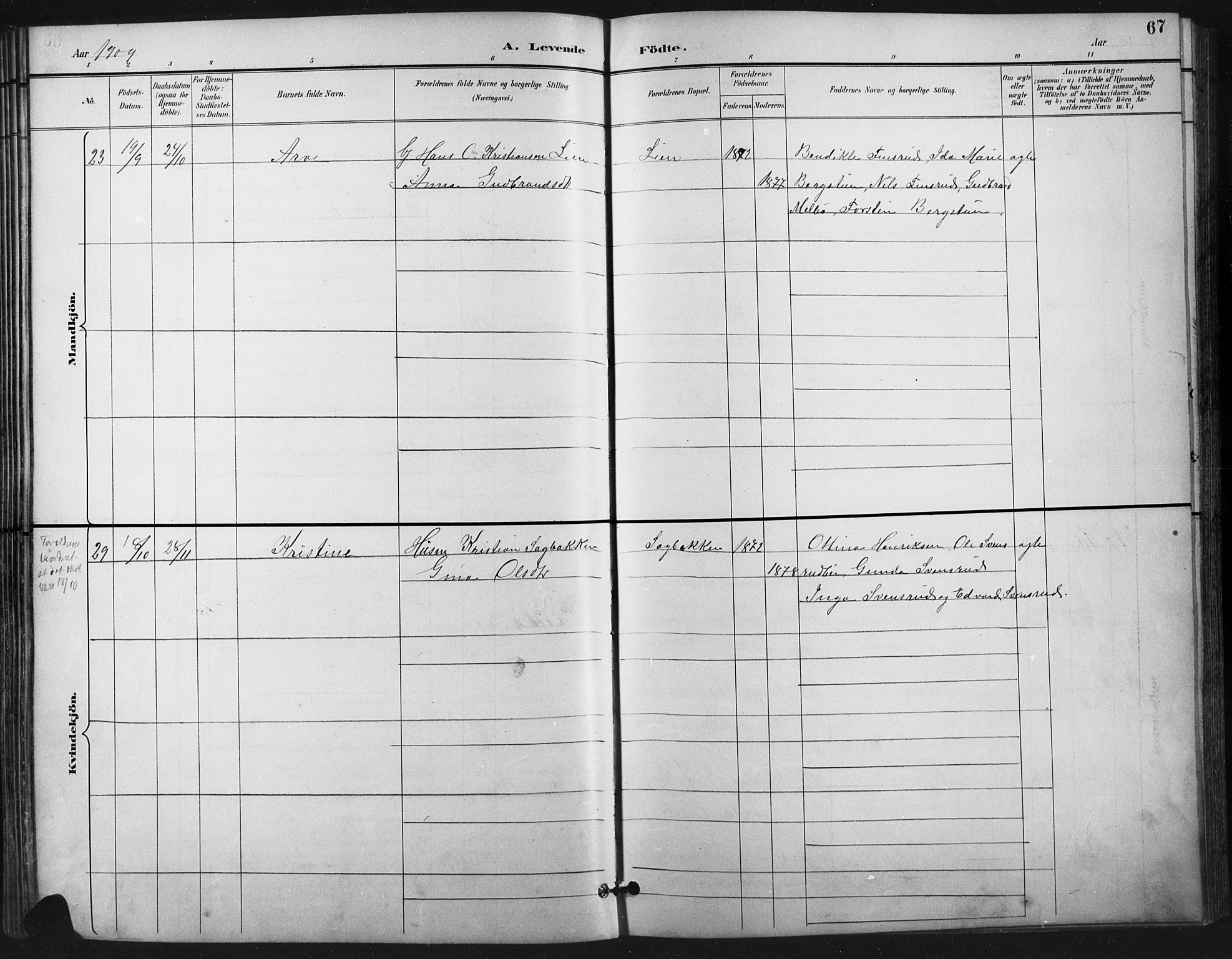 Vestre Gausdal prestekontor, SAH/PREST-094/H/Ha/Hab/L0003: Parish register (copy) no. 3, 1896-1925, p. 67