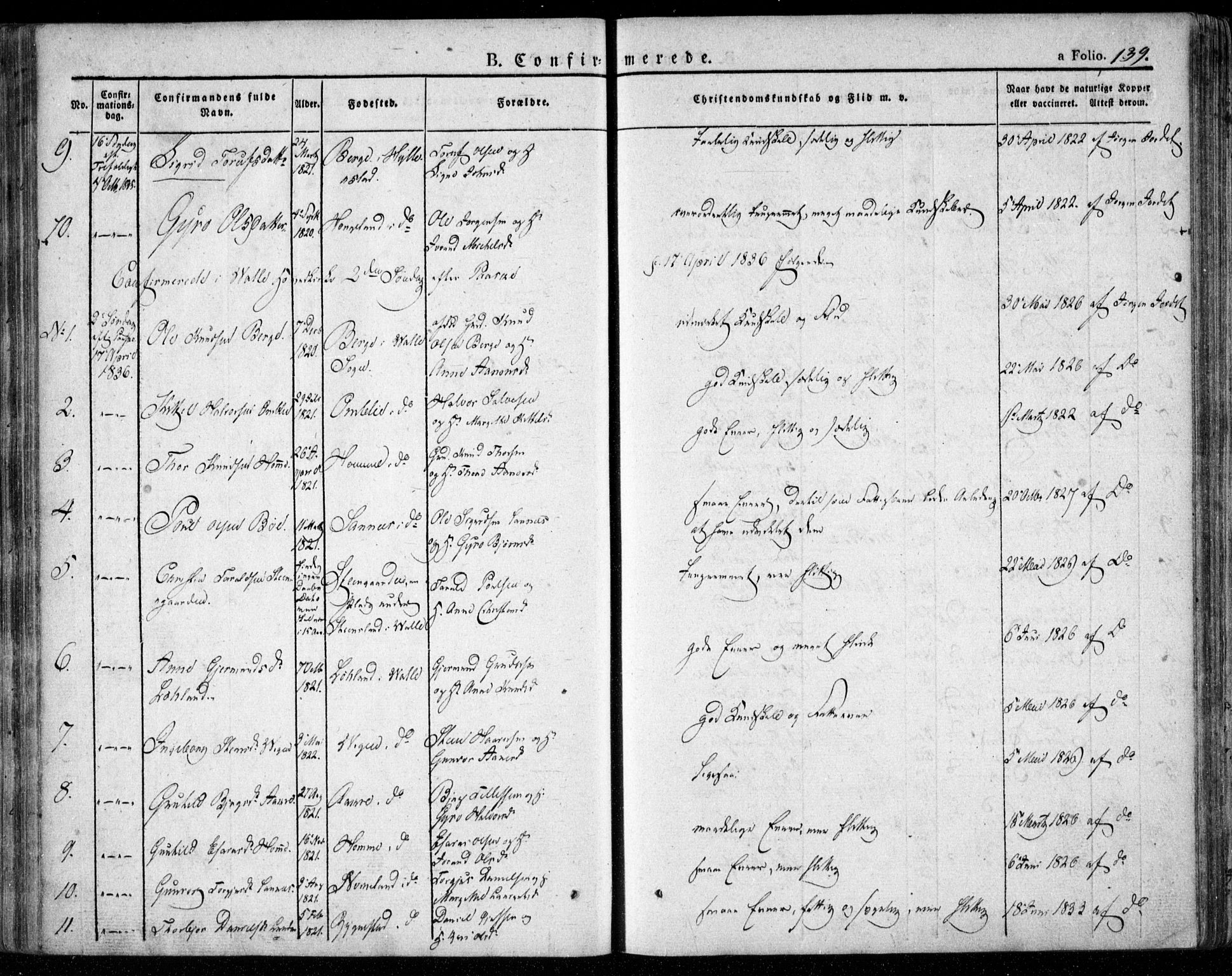 Valle sokneprestkontor, AV/SAK-1111-0044/F/Fa/Fac/L0006: Parish register (official) no. A 6, 1831-1853, p. 139