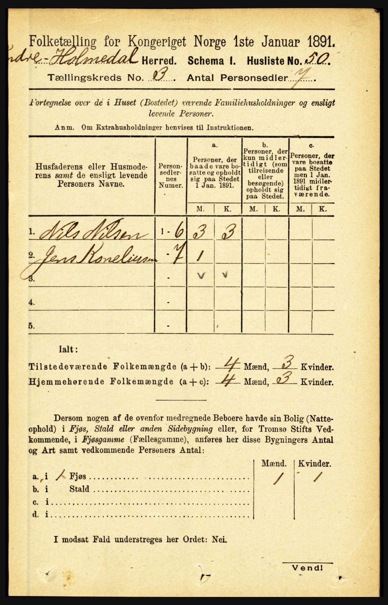 RA, 1891 census for 1430 Indre Holmedal, 1891, p. 887