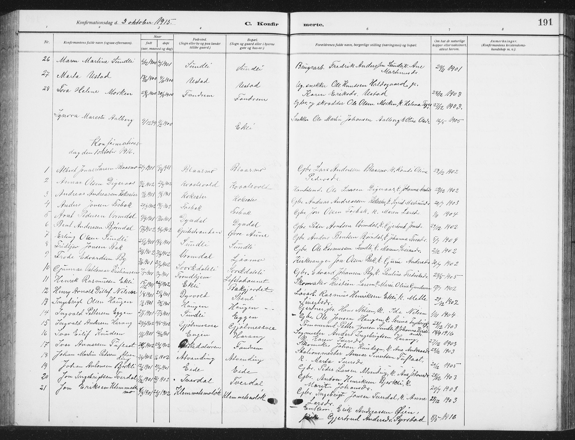 Ministerialprotokoller, klokkerbøker og fødselsregistre - Sør-Trøndelag, SAT/A-1456/668/L0820: Parish register (copy) no. 668C09, 1912-1936, p. 191