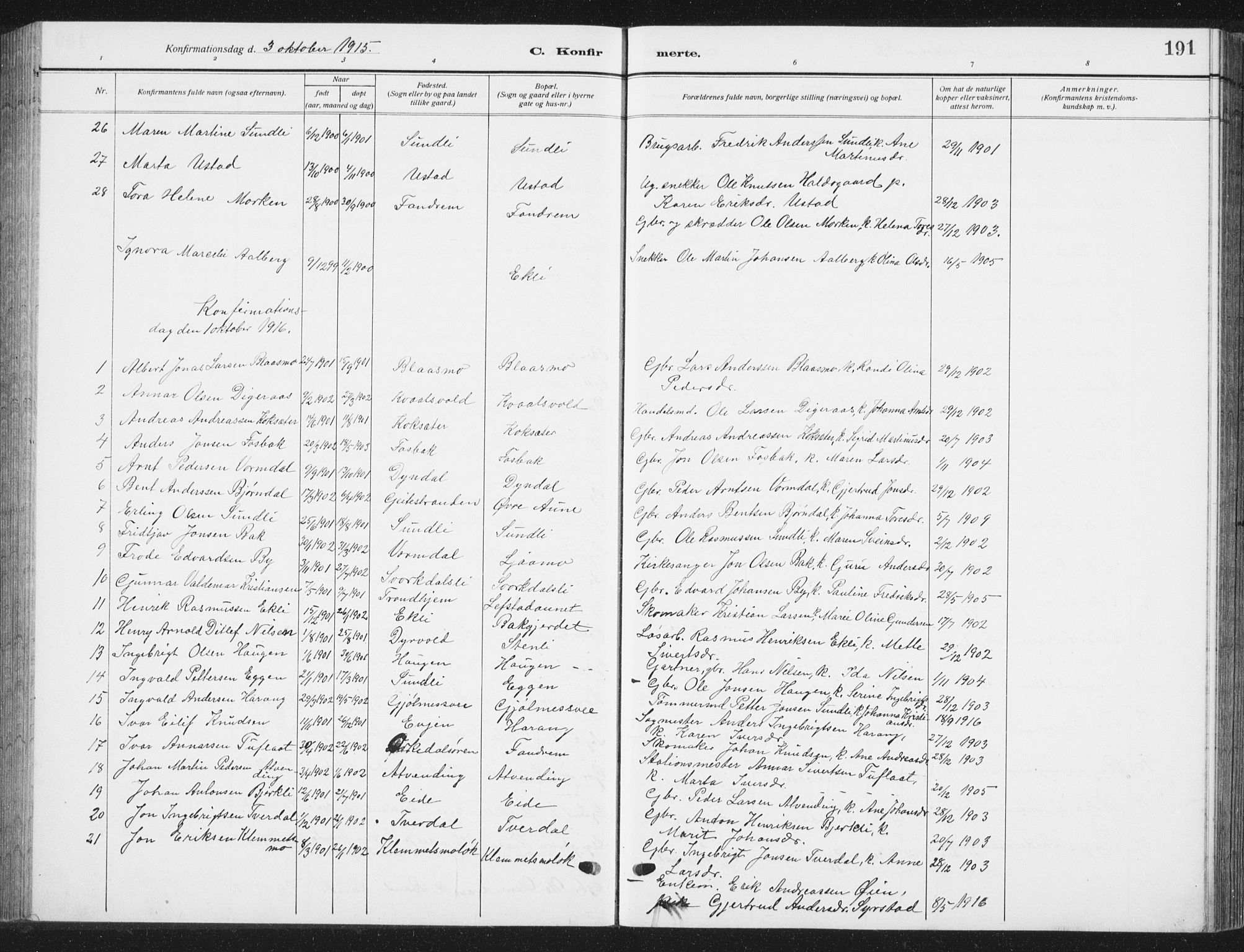 Ministerialprotokoller, klokkerbøker og fødselsregistre - Sør-Trøndelag, AV/SAT-A-1456/668/L0820: Parish register (copy) no. 668C09, 1912-1936, p. 191