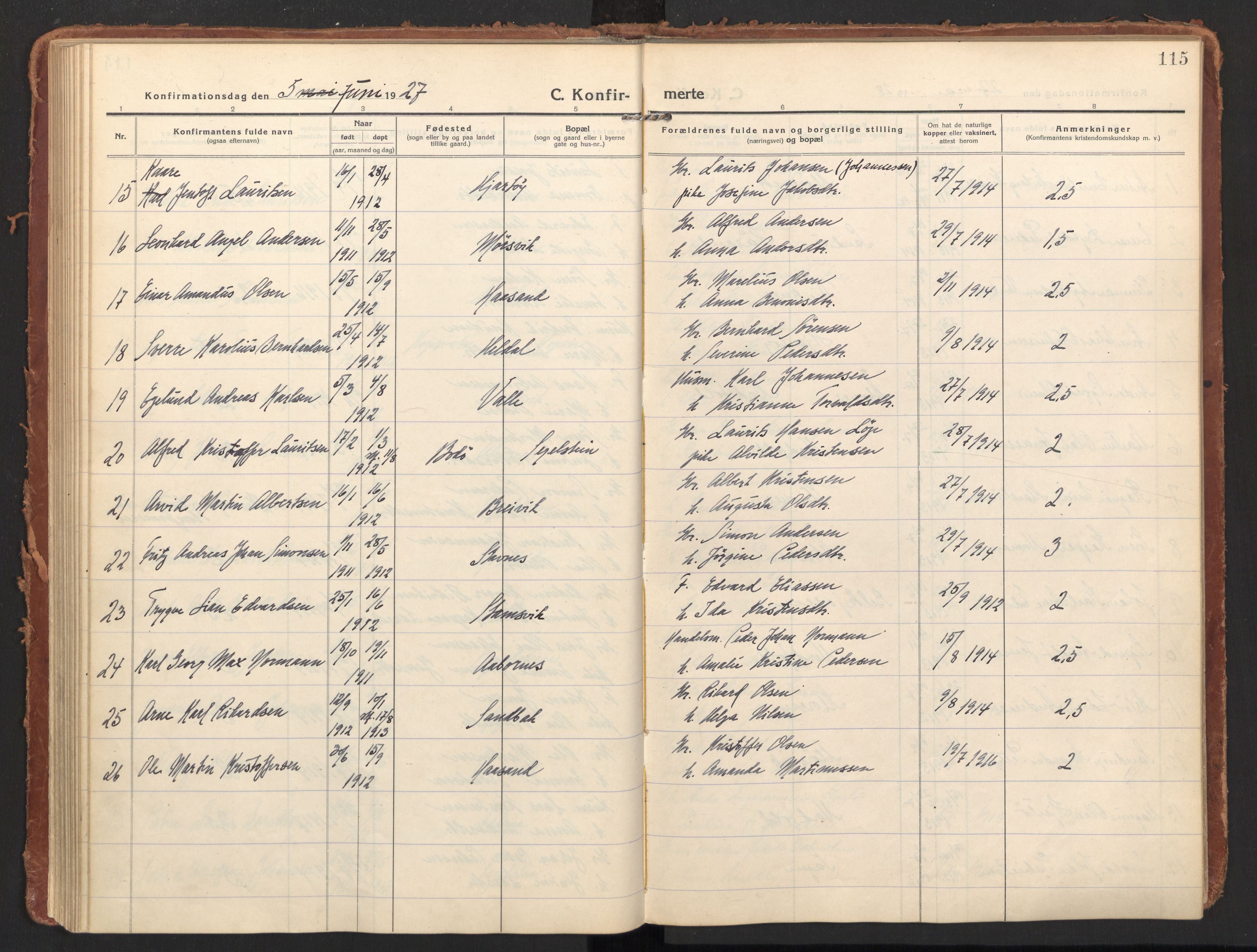 Ministerialprotokoller, klokkerbøker og fødselsregistre - Nordland, AV/SAT-A-1459/858/L0833: Parish register (official) no. 858A03, 1916-1934, p. 115