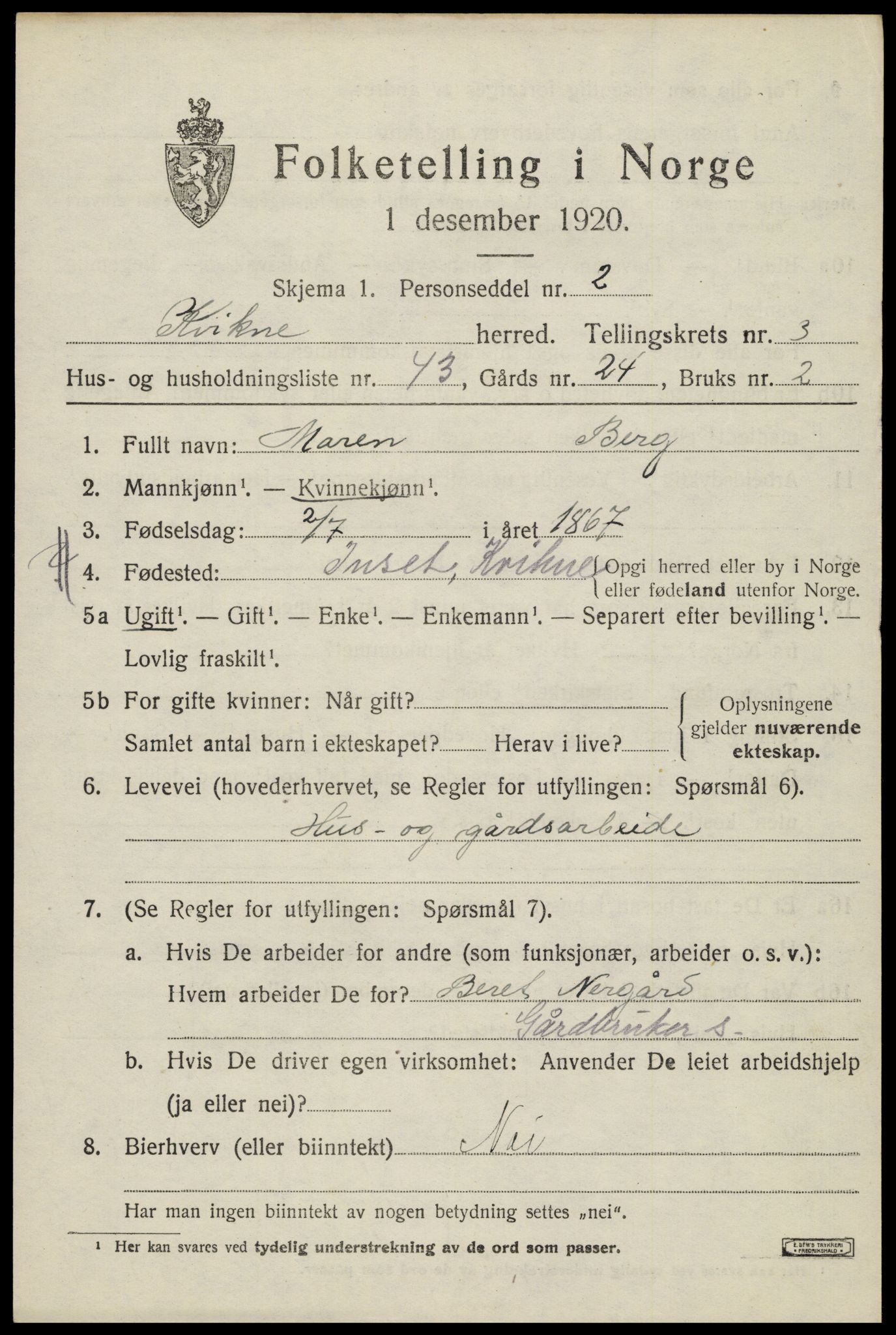 SAH, 1920 census for Kvikne, 1920, p. 1600