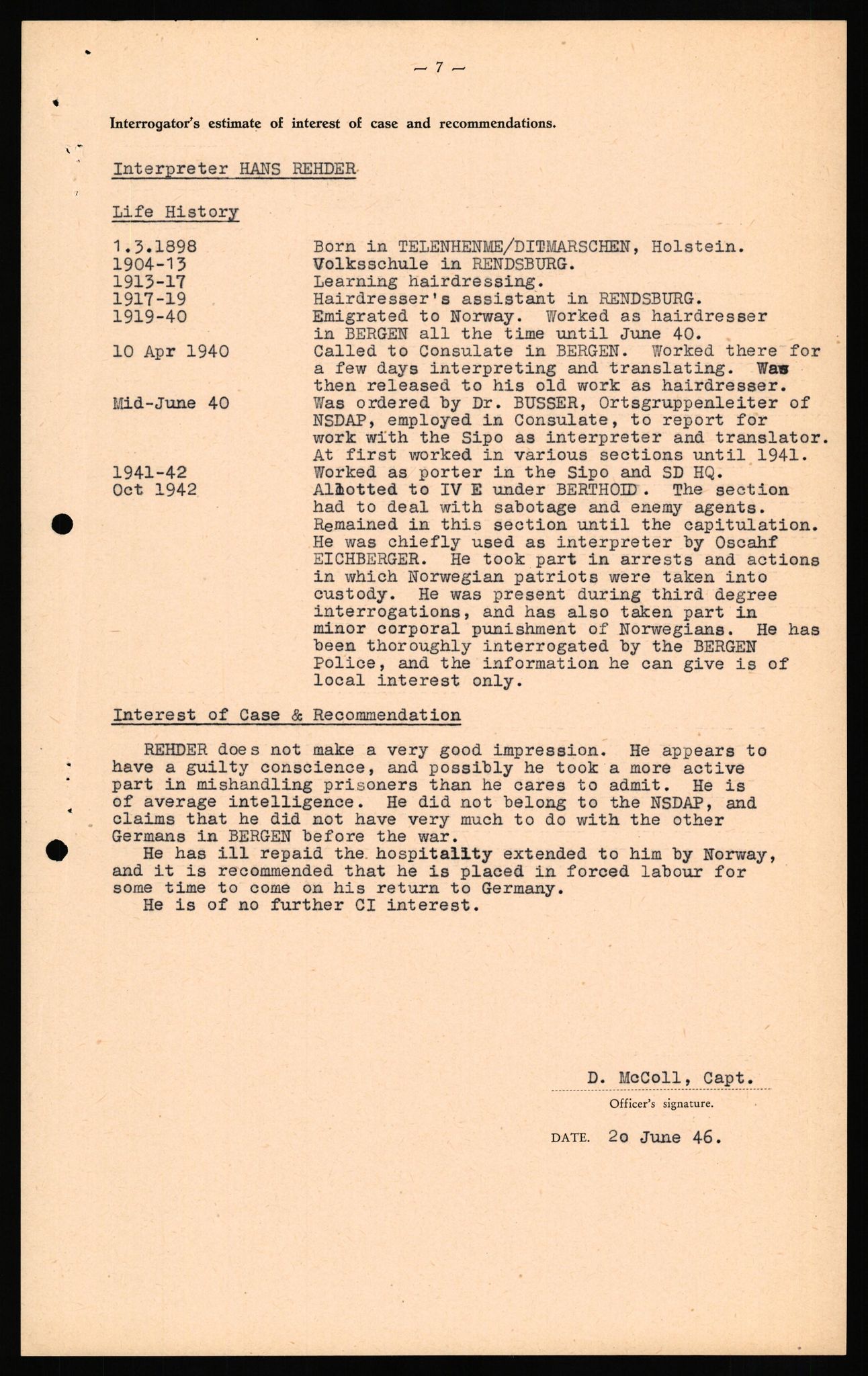 Forsvaret, Forsvarets overkommando II, AV/RA-RAFA-3915/D/Db/L0027: CI Questionaires. Tyske okkupasjonsstyrker i Norge. Tyskere., 1945-1946, p. 107