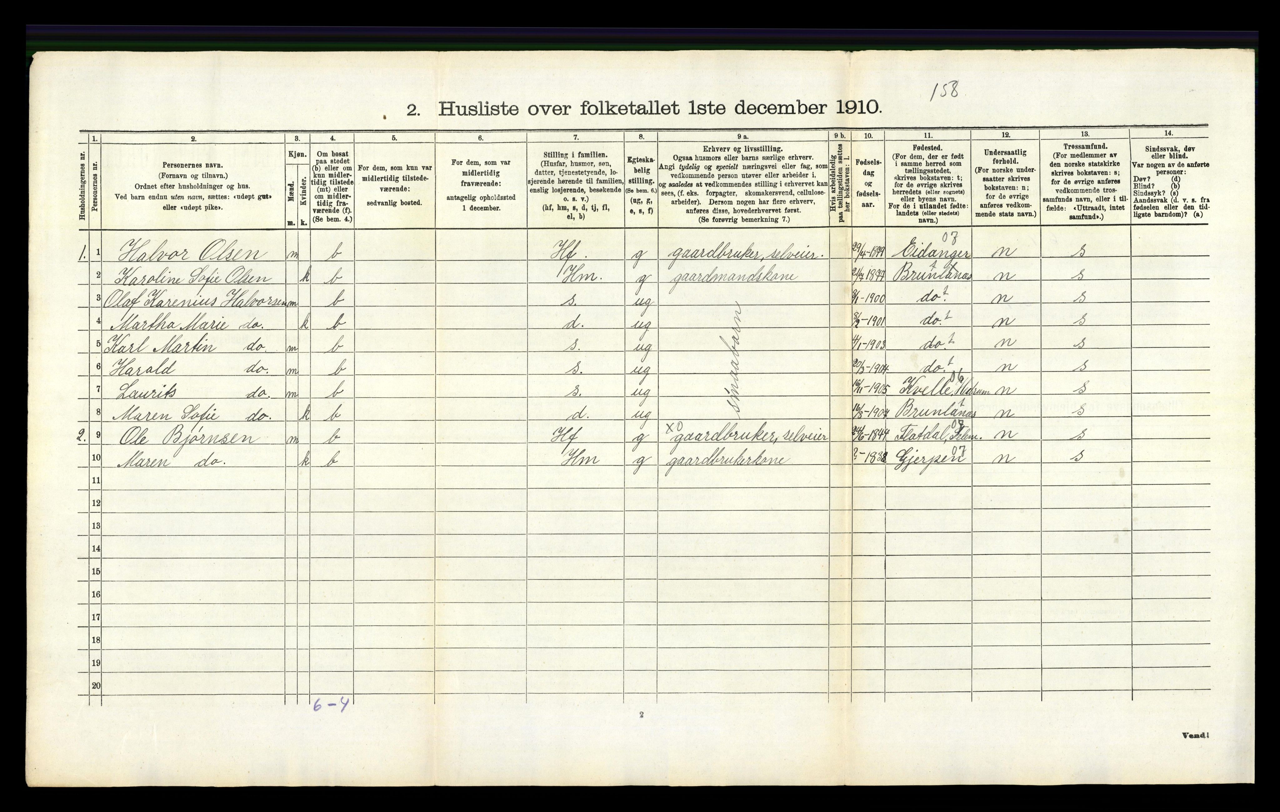 RA, 1910 census for Brunlanes, 1910, p. 578