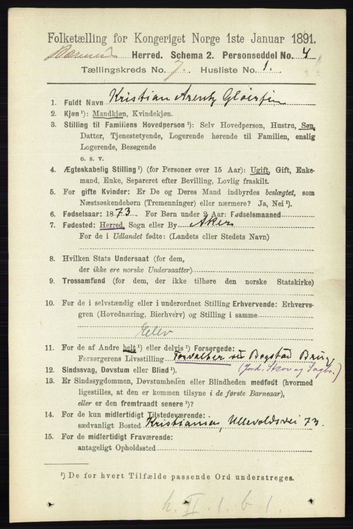 RA, 1891 census for 0219 Bærum, 1891, p. 4083