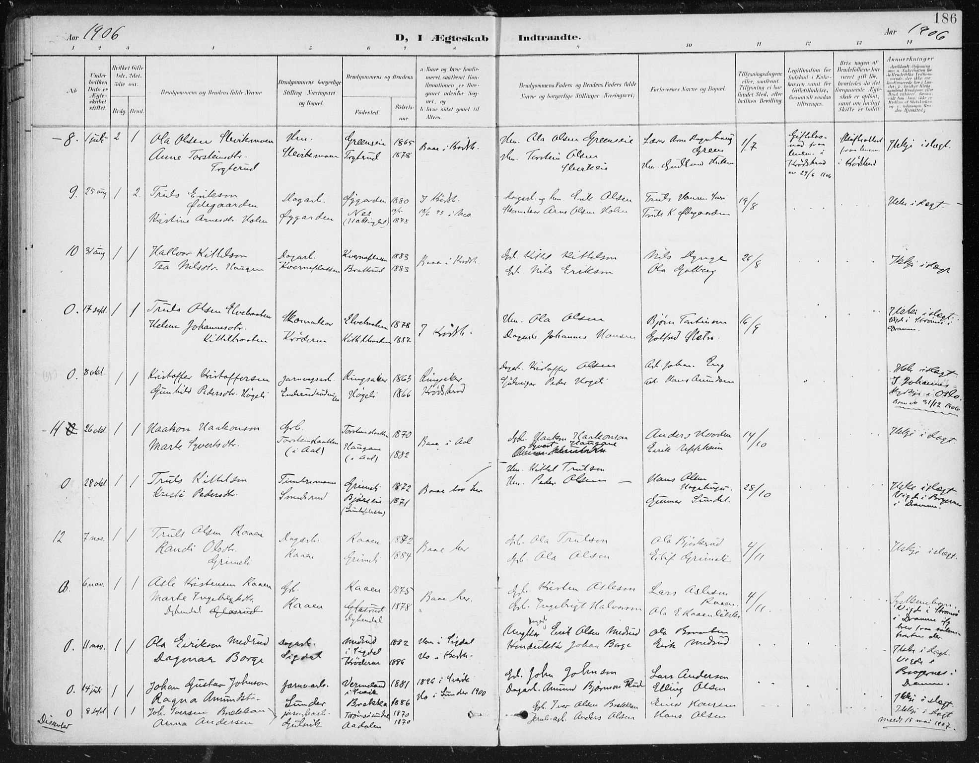 Krødsherad kirkebøker, AV/SAKO-A-19/F/Fa/L0007: Parish register (official) no. 7, 1900-1915, p. 186