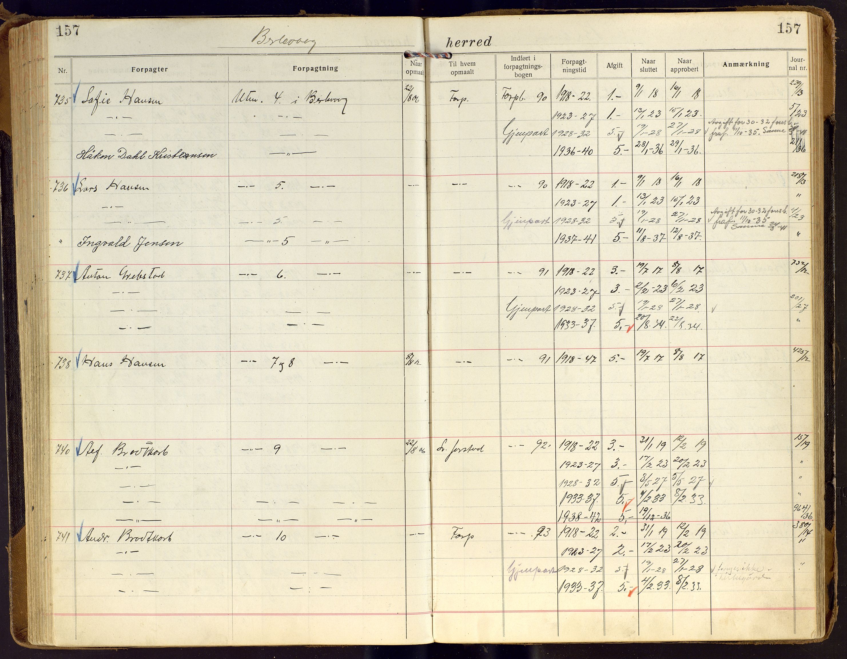 Finnmark jordsalgskommisjon/jordsalgskontor og Statskog SF Finnmark jordsalgskontor, AV/SATØ-S-1443/J/Ja/L0006: Forpaktningsbok for Finnmark II, 1916-1947, p. 157