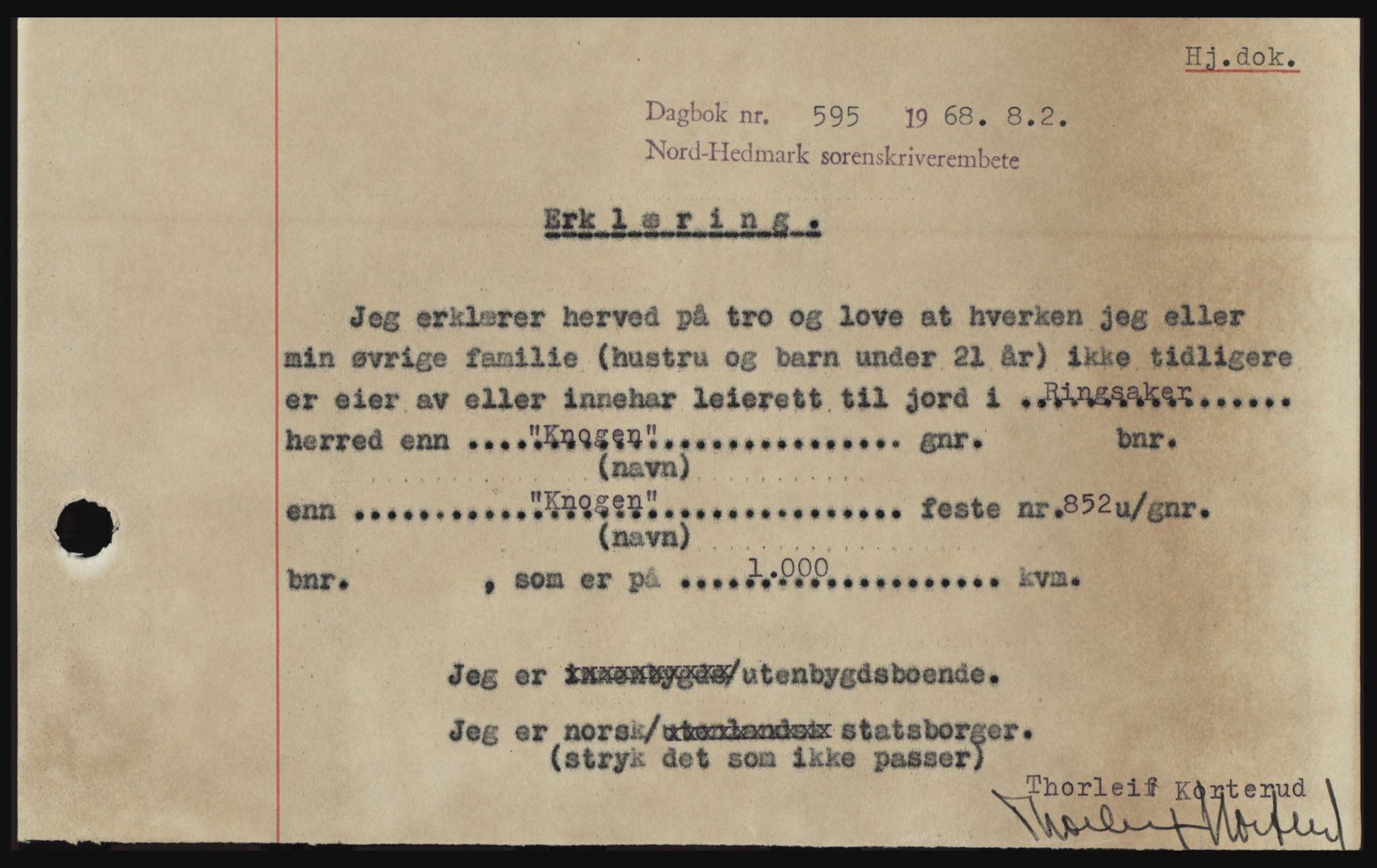 Nord-Hedmark sorenskriveri, SAH/TING-012/H/Hc/L0027: Mortgage book no. 27, 1967-1968, Diary no: : 595/1968