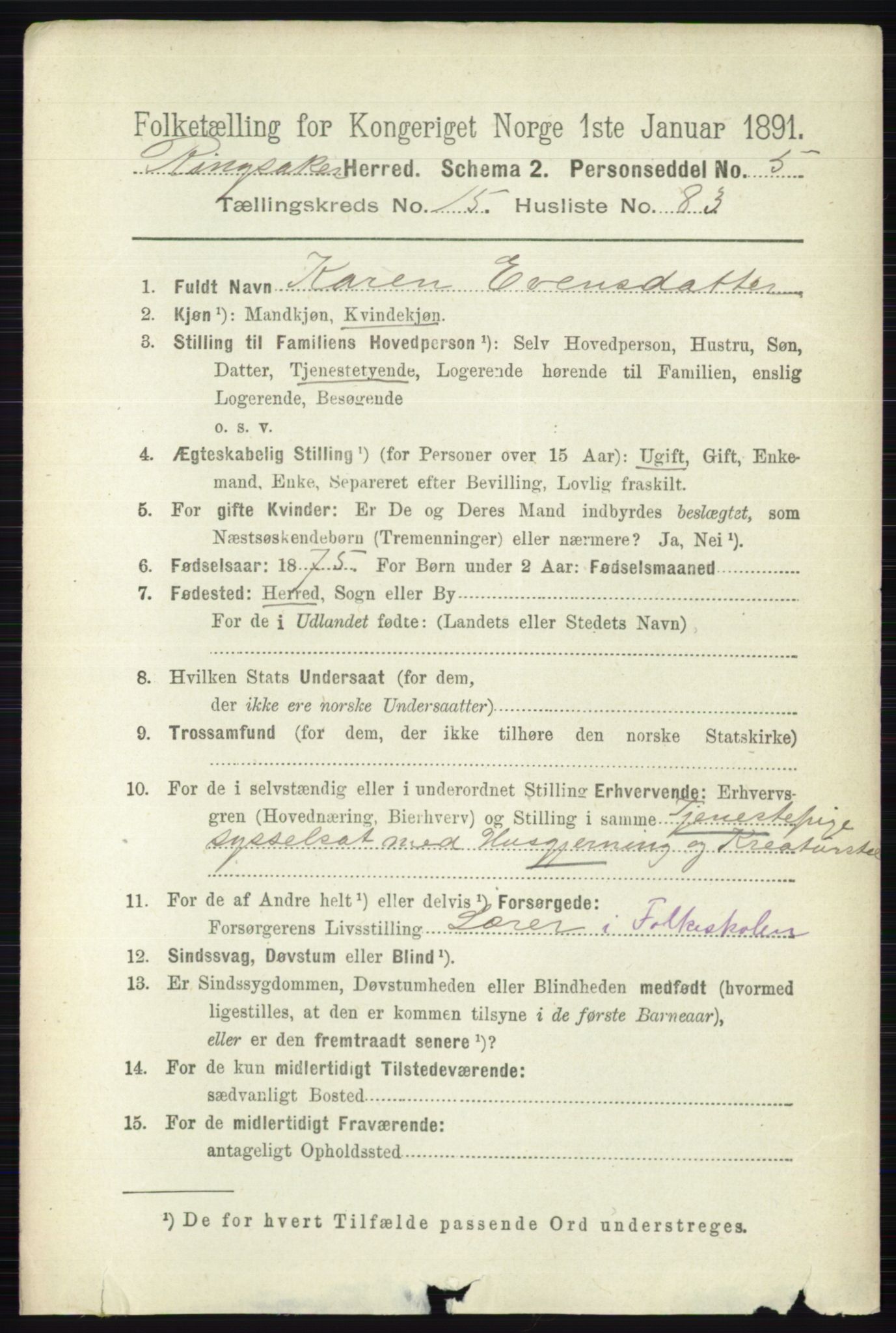 RA, 1891 census for 0412 Ringsaker, 1891, p. 8984