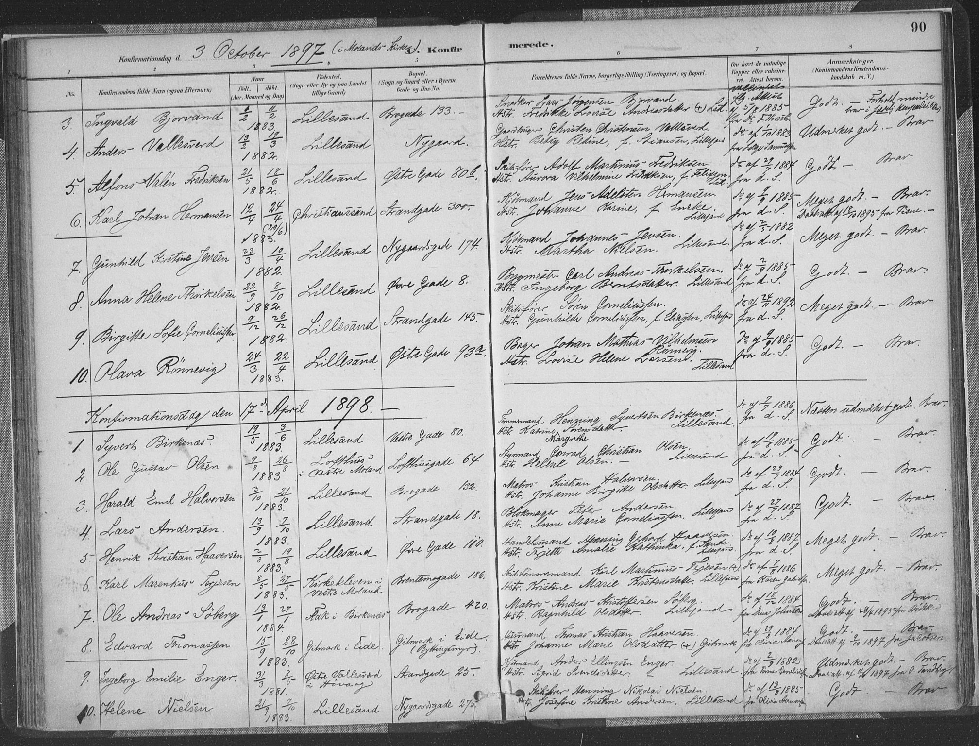 Vestre Moland sokneprestkontor, AV/SAK-1111-0046/F/Fa/Faa/L0001: Parish register (official) no. A 1, 1884-1899, p. 90