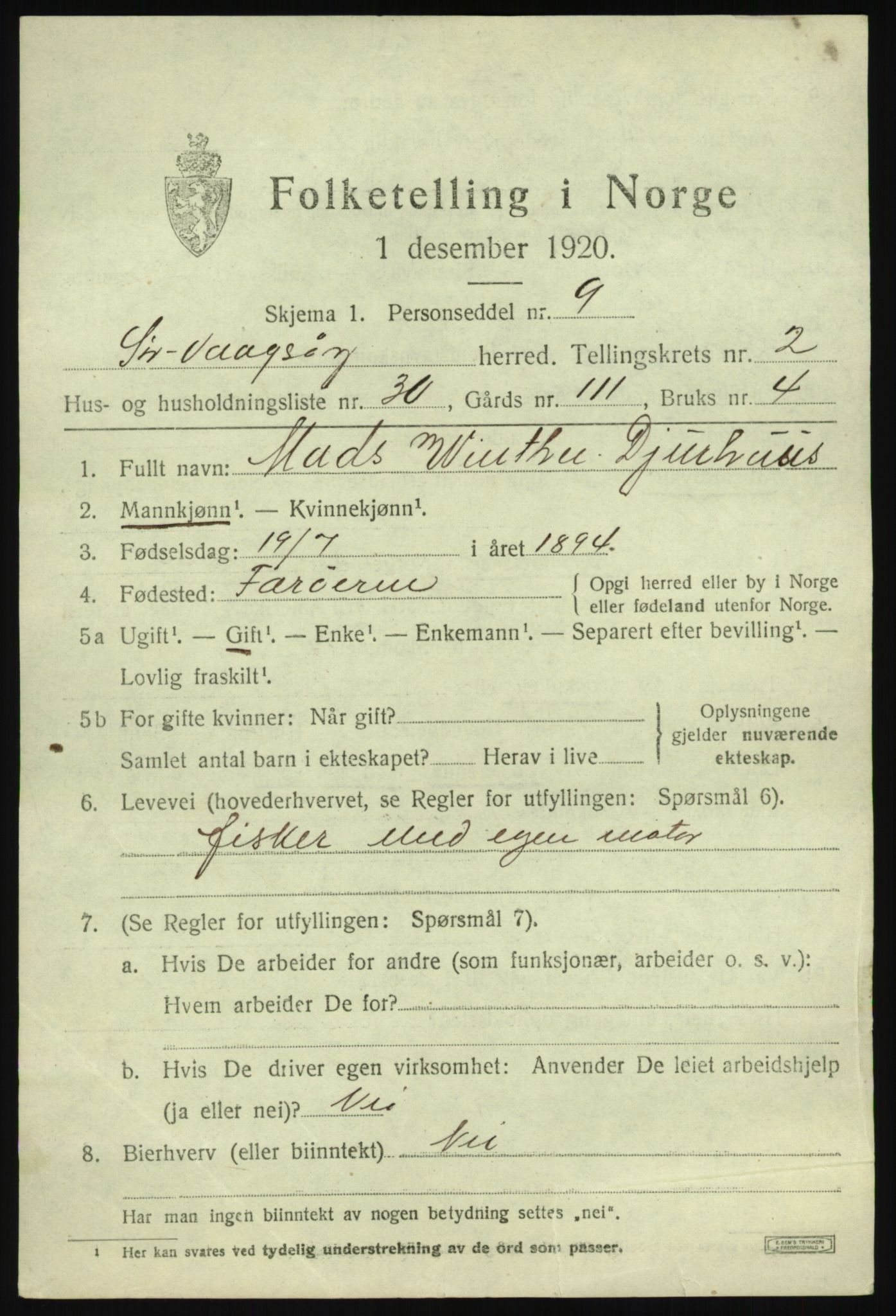 SAB, 1920 census for Sør-Vågsøy, 1920, p. 1498