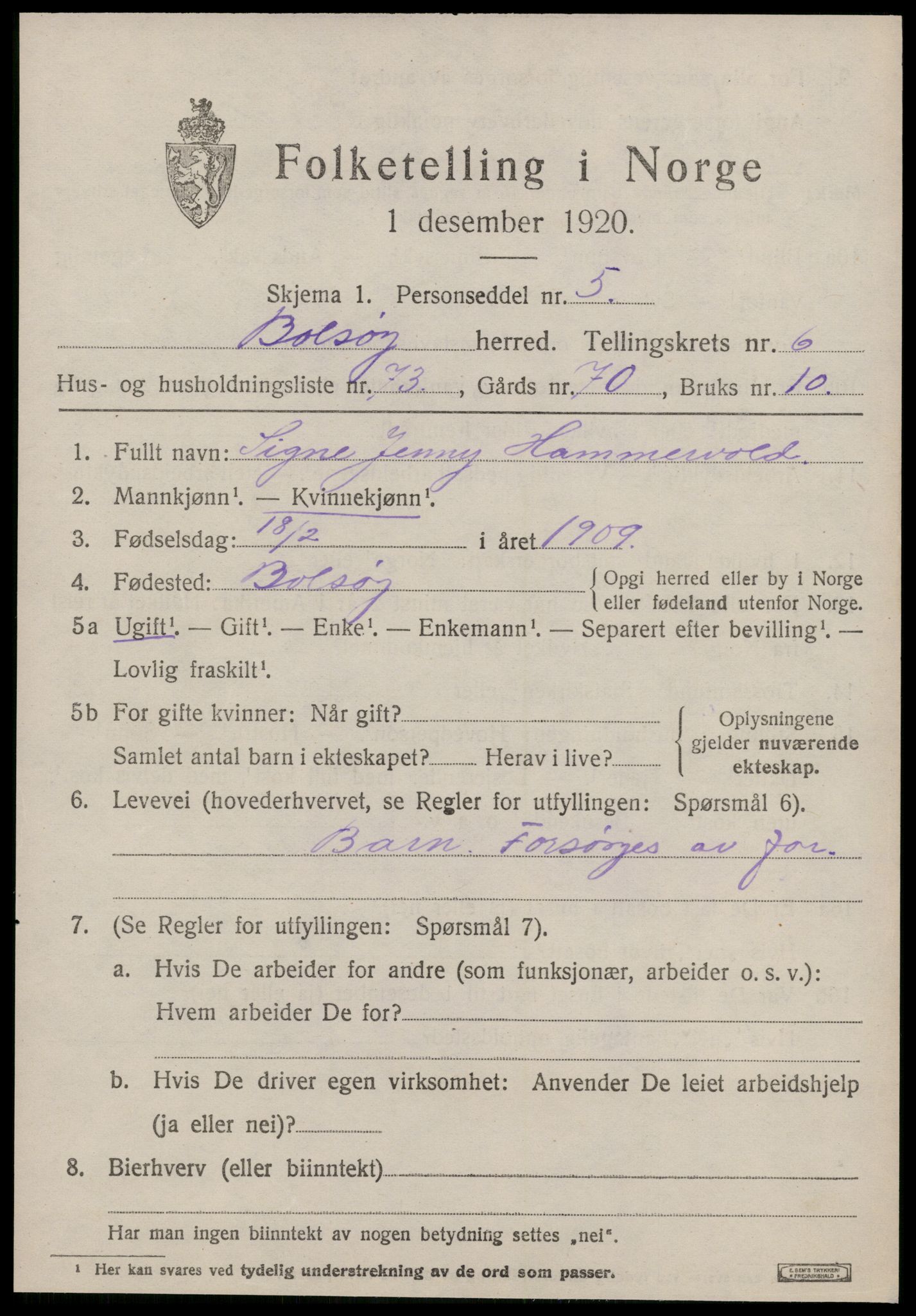 SAT, 1920 census for Bolsøy, 1920, p. 8969