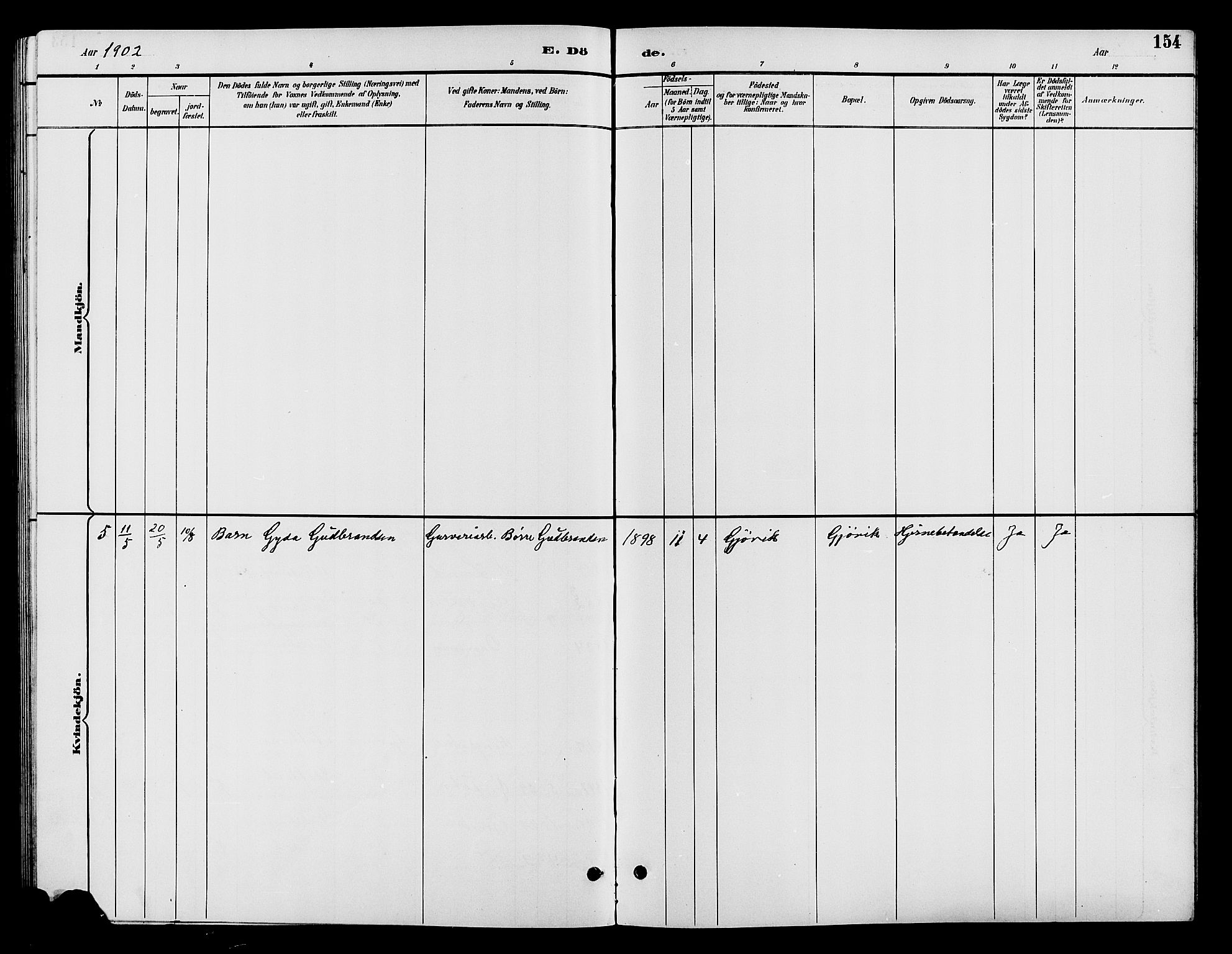 Vardal prestekontor, AV/SAH-PREST-100/H/Ha/Hab/L0009: Parish register (copy) no. 9, 1894-1902, p. 154