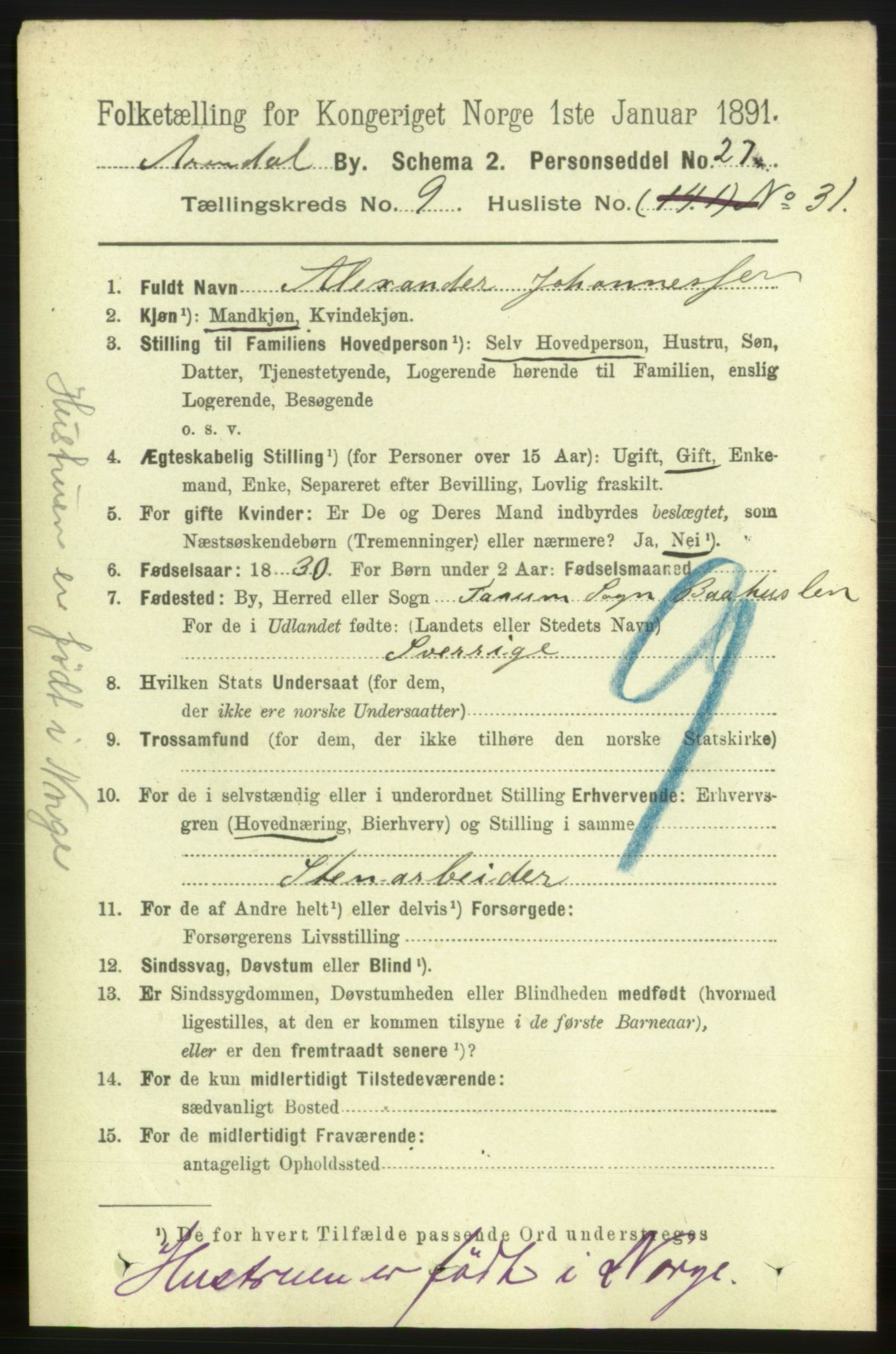 RA, 1891 census for 0903 Arendal, 1891, p. 3581