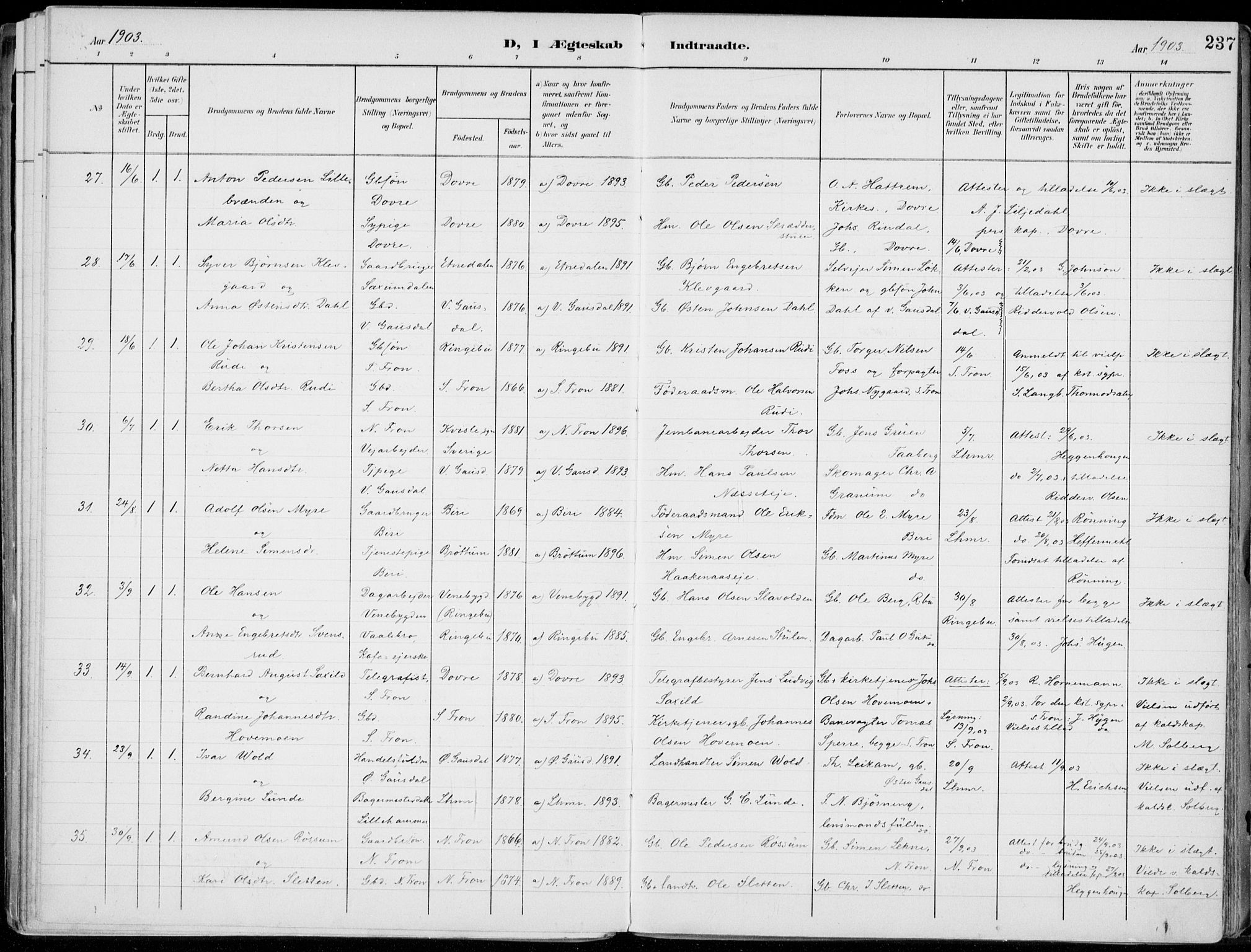 Lillehammer prestekontor, AV/SAH-PREST-088/H/Ha/Haa/L0001: Parish register (official) no. 1, 1901-1916, p. 237