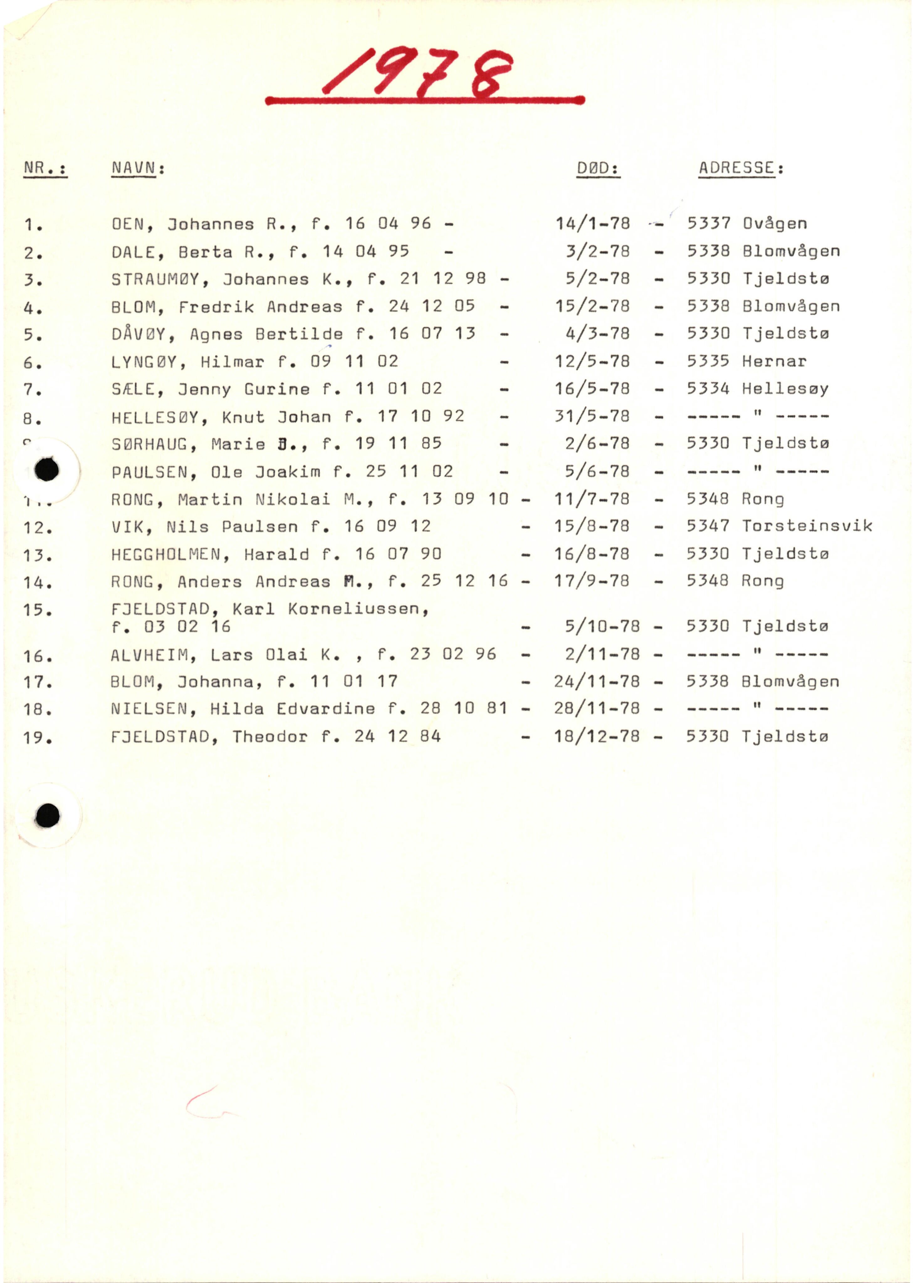 Lensmannen i Øygarden, AV/SAB-A-100155/0006/L0002: Dødsfallprotokoll, 1973-1989, p. 12