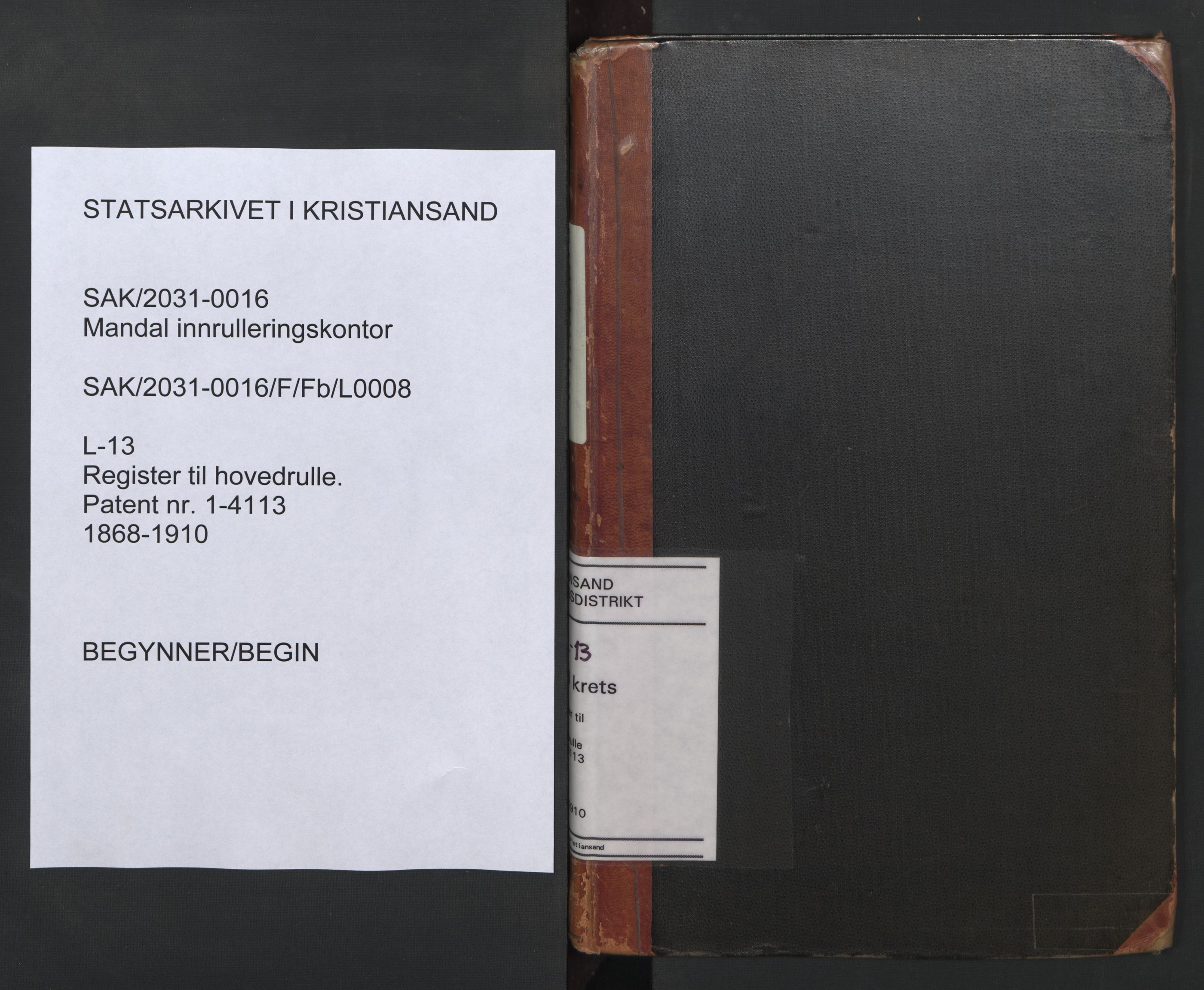 Mandal mønstringskrets, AV/SAK-2031-0016/F/Fb/L0008: Register til hovedrulle nr 1-4113, L-13, 1868-1910, p. 1