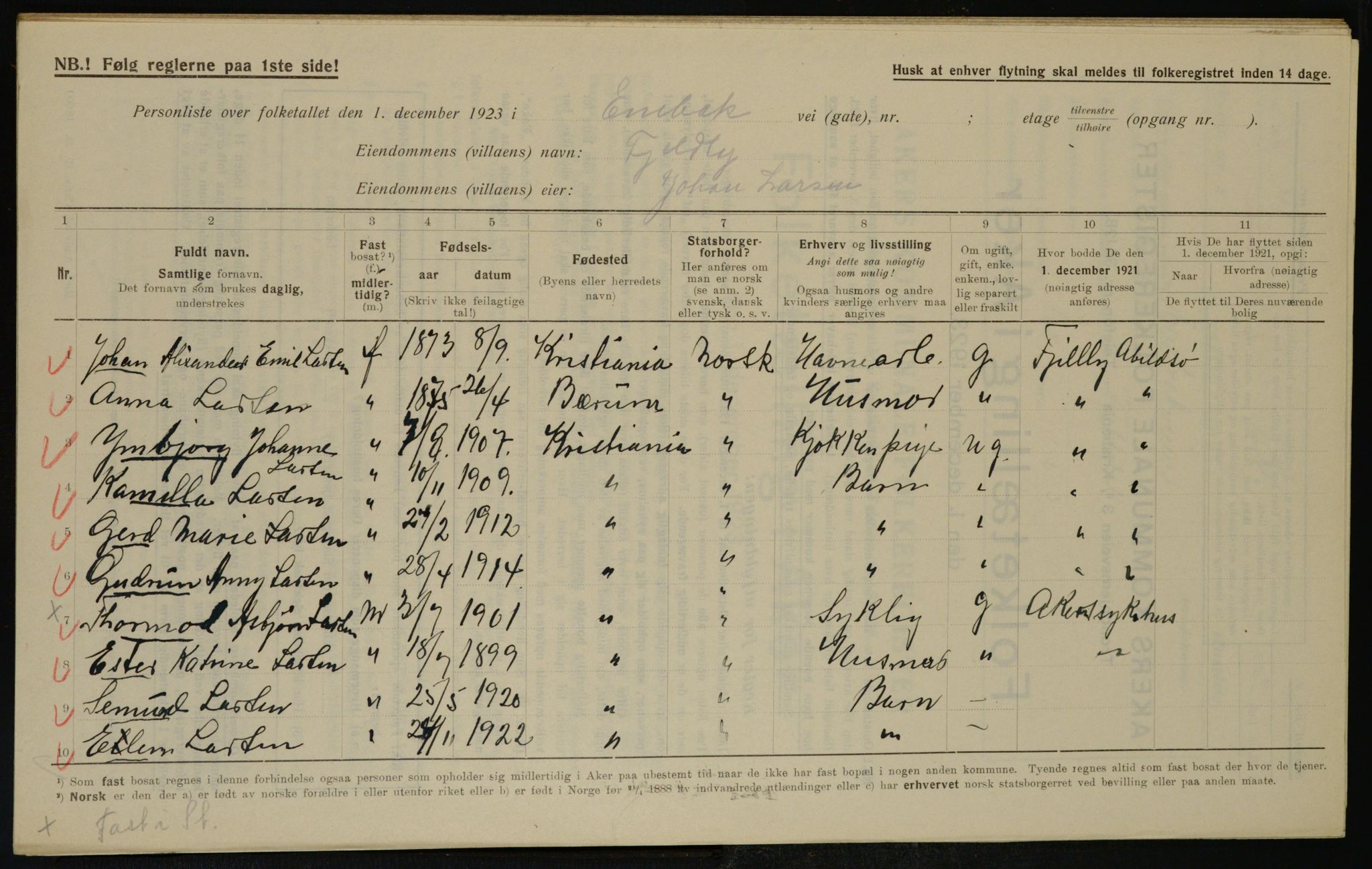 , Municipal Census 1923 for Aker, 1923, p. 38461