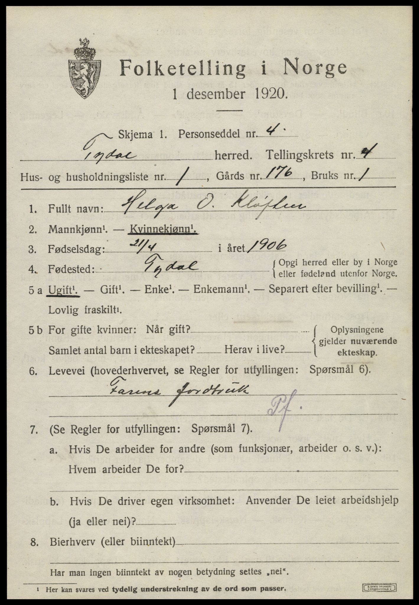 SAT, 1920 census for Tydal, 1920, p. 1511