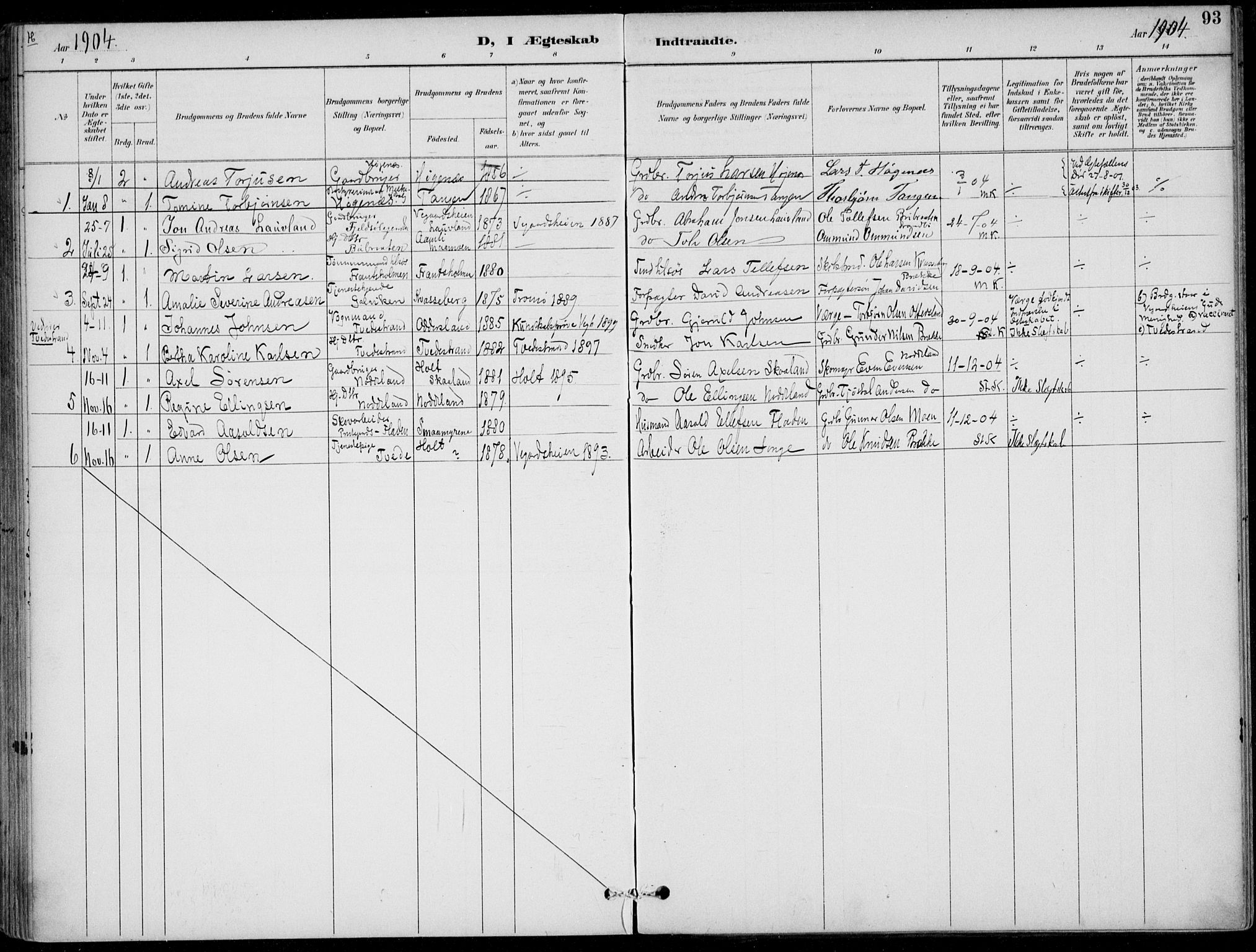 Austre Moland sokneprestkontor, AV/SAK-1111-0001/F/Fa/Faa/L0011: Parish register (official) no. A 11, 1894-1915, p. 93