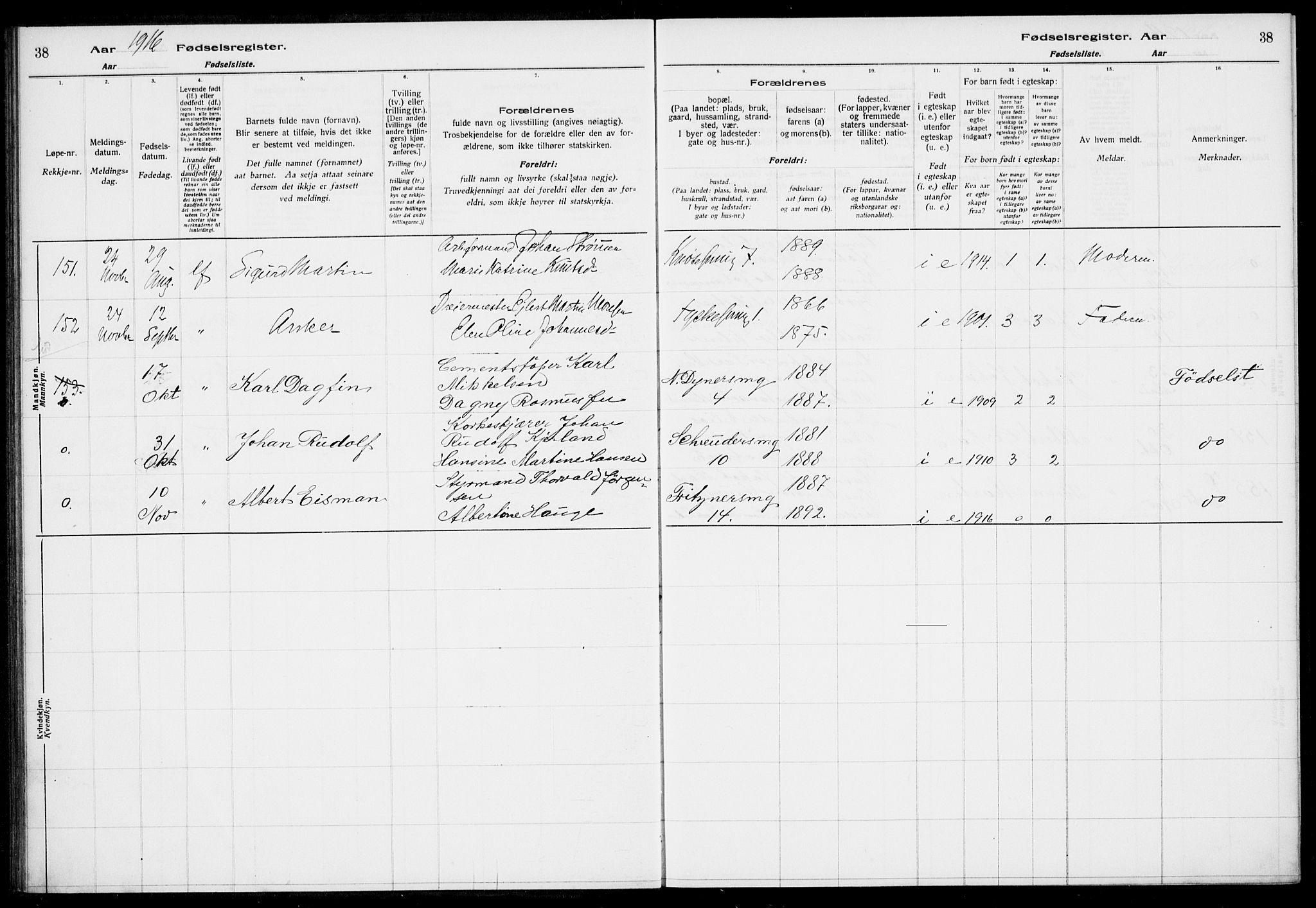 Nykirken Sokneprestembete, AV/SAB-A-77101/I/Id/L00A1: Birth register no. A 1, 1916-1922, p. 38