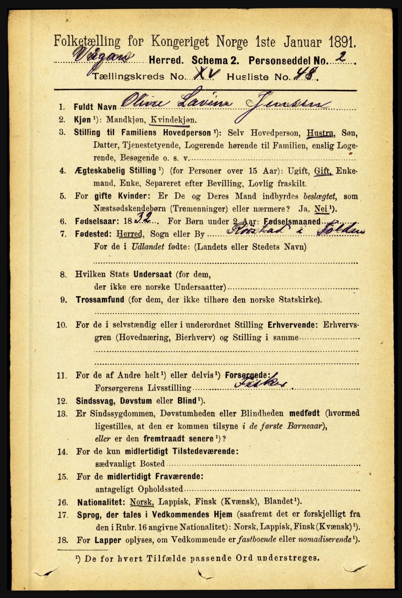 RA, 1891 census for 1865 Vågan, 1891, p. 4507