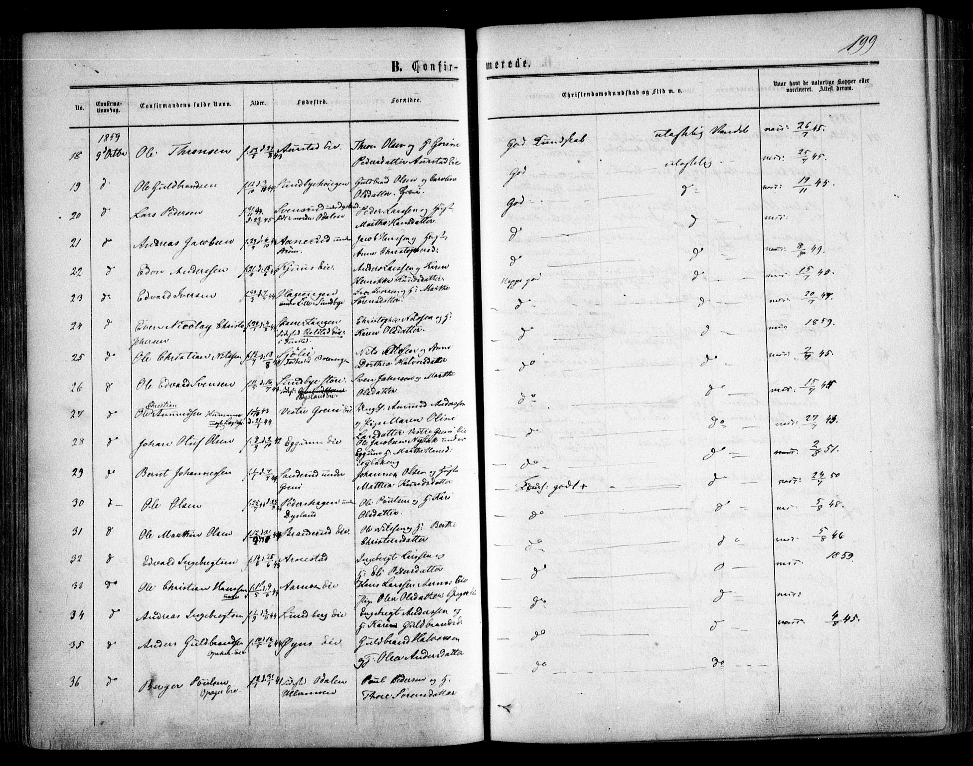 Nes prestekontor Kirkebøker, AV/SAO-A-10410/F/Fa/L0008: Parish register (official) no. I 8, 1859-1874, p. 199