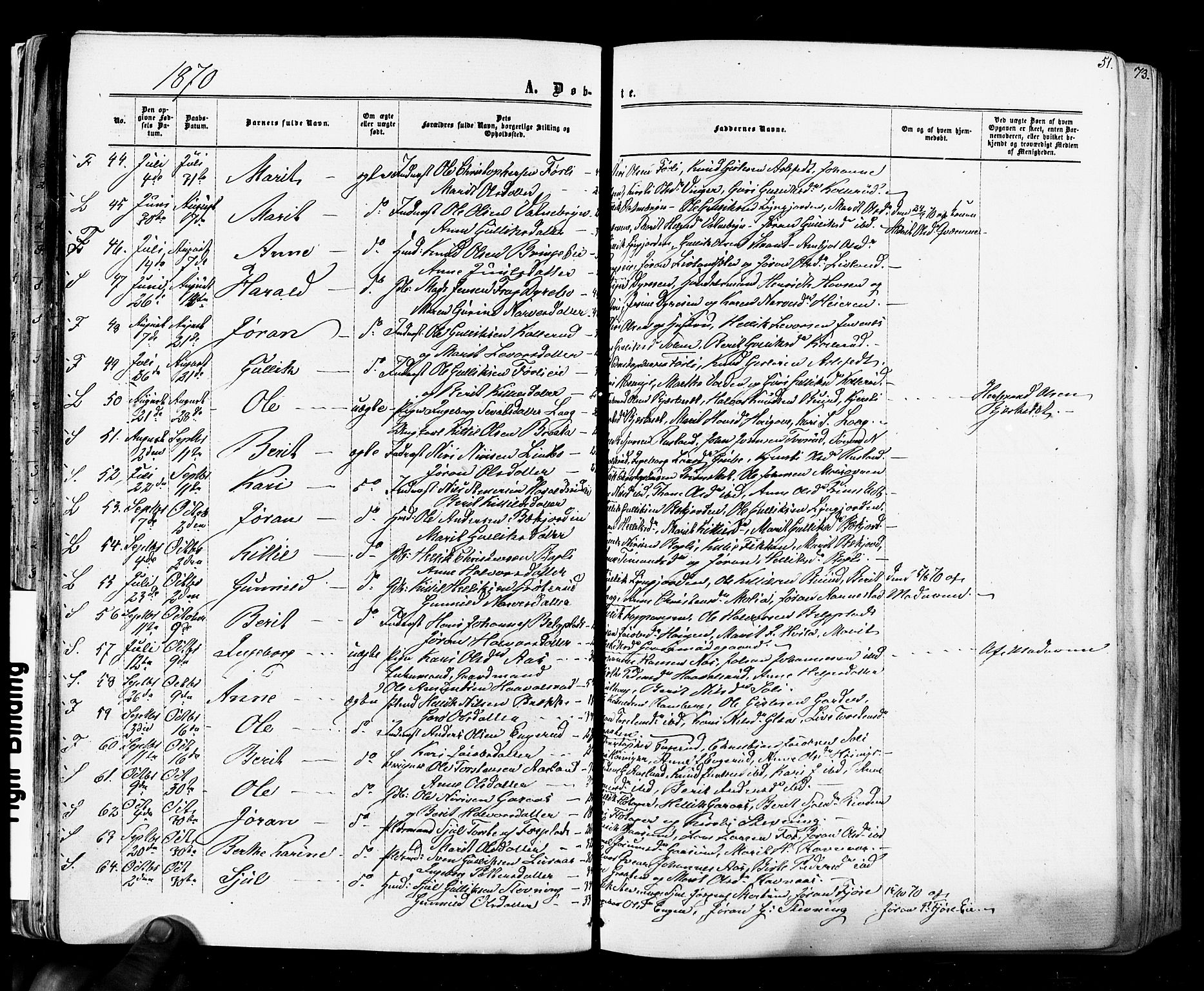 Flesberg kirkebøker, AV/SAKO-A-18/F/Fa/L0007: Parish register (official) no. I 7, 1861-1878, p. 51