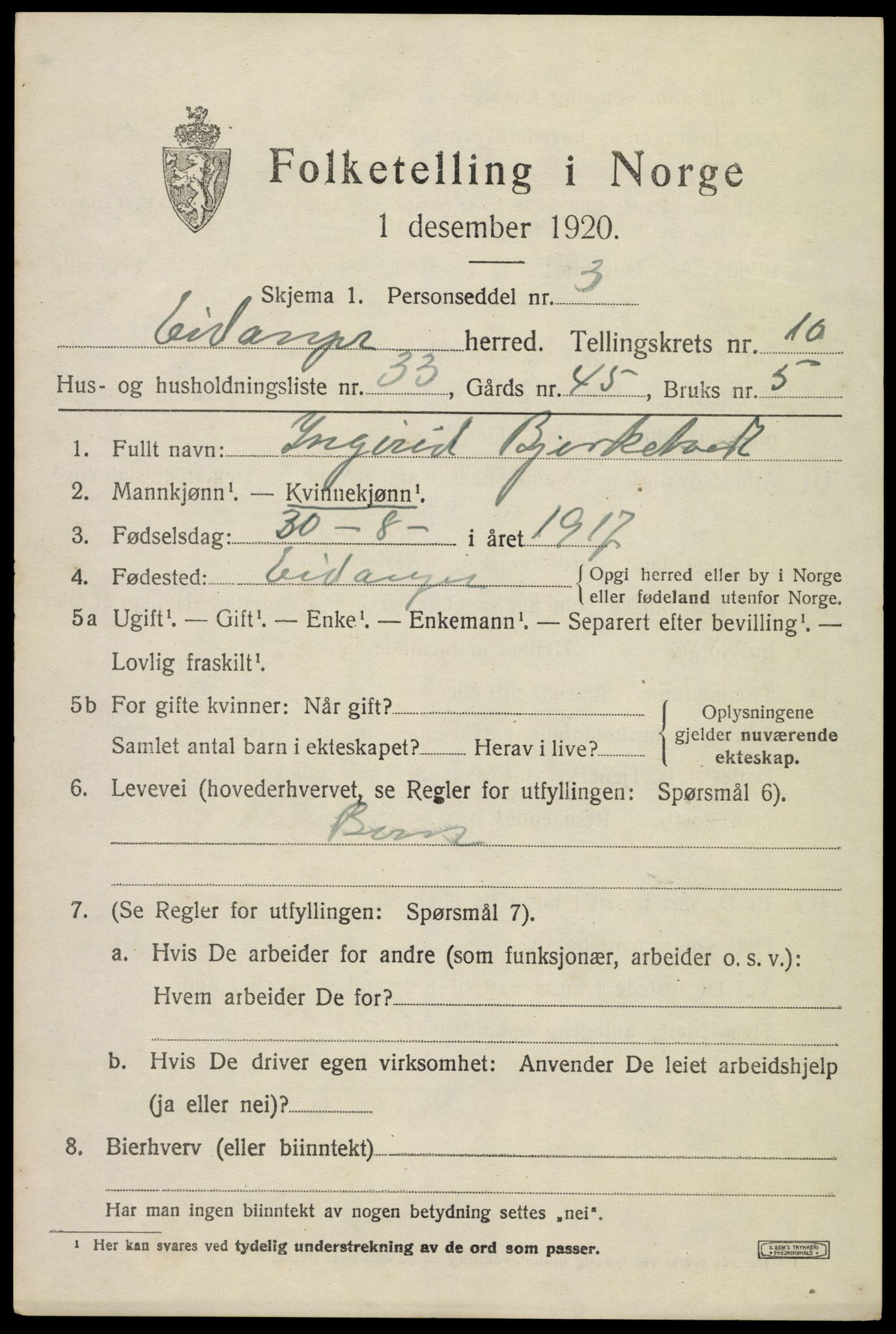 SAKO, 1920 census for Eidanger, 1920, p. 6664