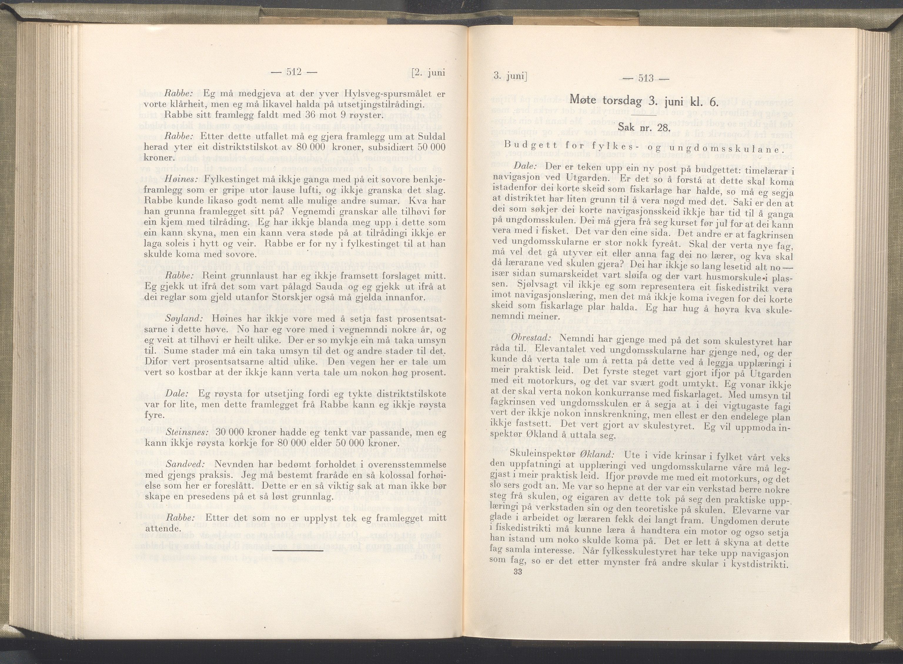 Rogaland fylkeskommune - Fylkesrådmannen , IKAR/A-900/A/Aa/Aaa/L0045: Møtebok , 1926, p. 512-513