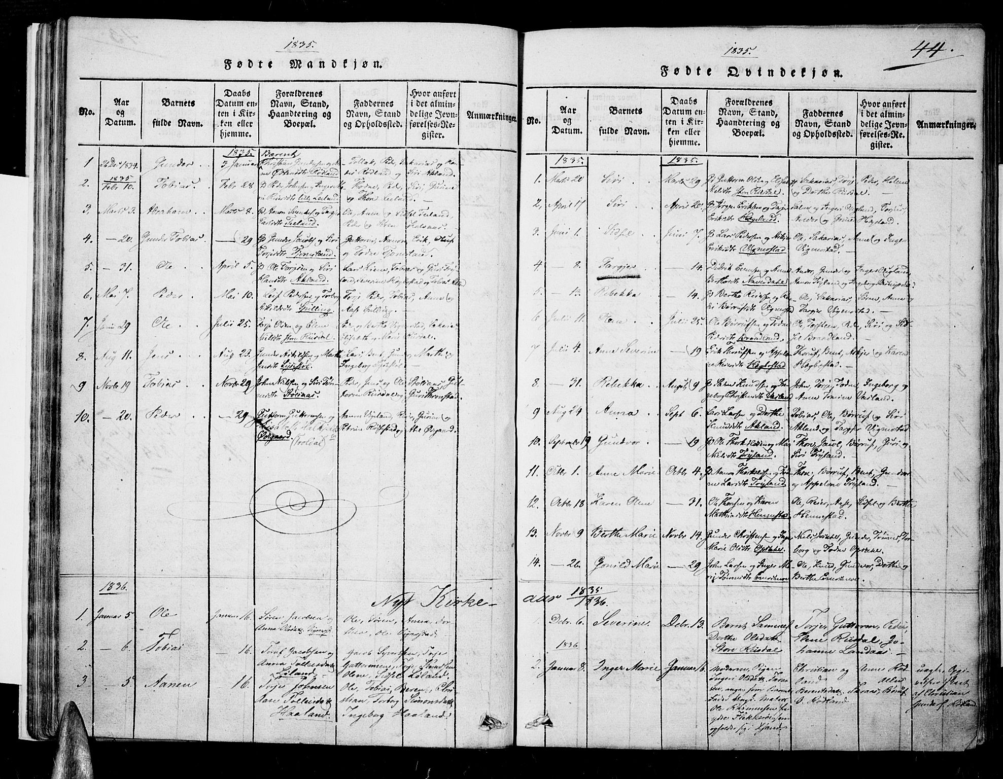 Nord-Audnedal sokneprestkontor, SAK/1111-0032/F/Fa/Fab/L0001: Parish register (official) no. A 1, 1816-1858, p. 44
