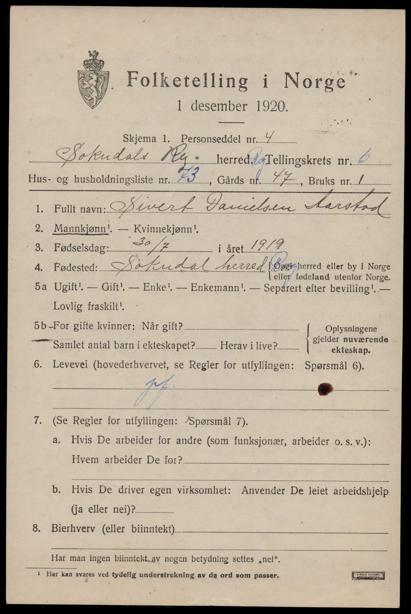 SAST, 1920 census for Sokndal, 1920, p. 4199