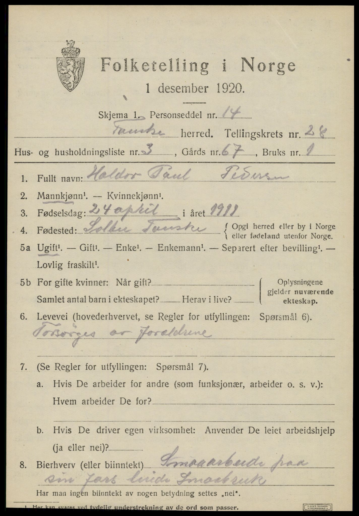 SAT, 1920 census for Fauske, 1920, p. 16992