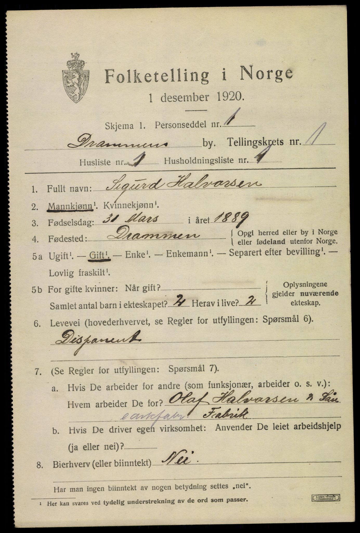 SAKO, 1920 census for Drammen, 1920, p. 18345