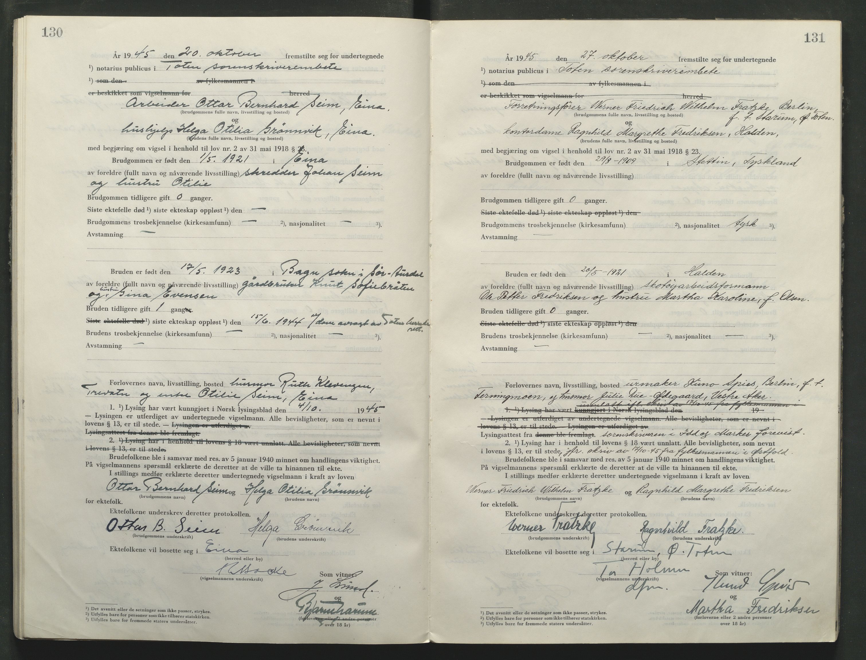 Toten tingrett, AV/SAH-TING-006/L/Lc/L0005: Vigselbok, 1944-1948, p. 130-131