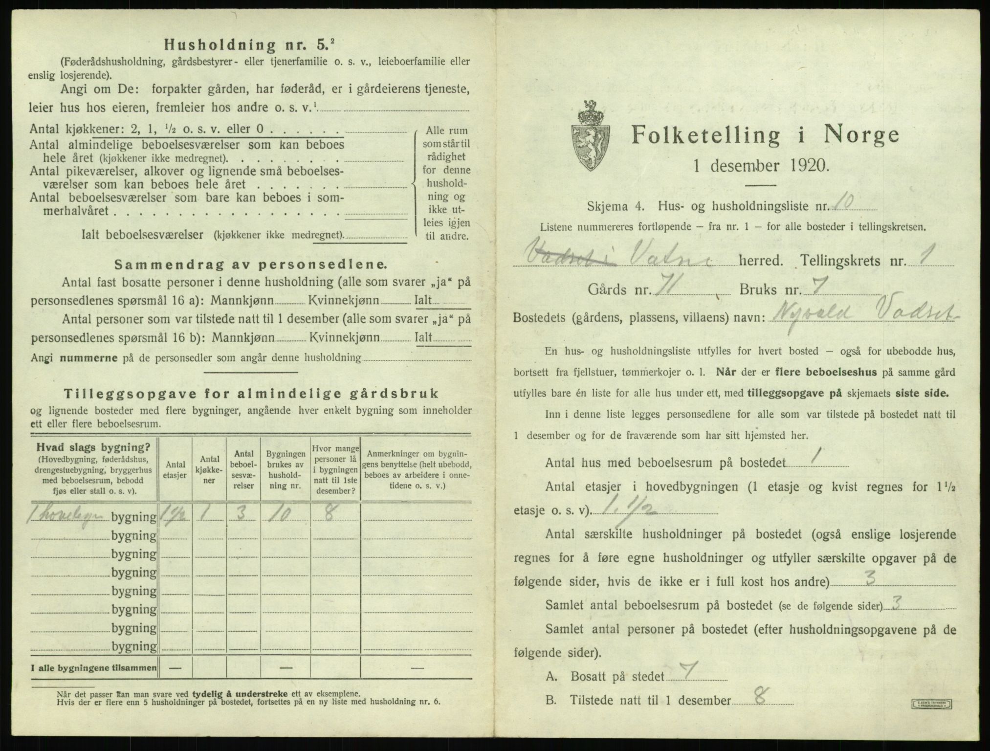SAT, 1920 census for Vatne, 1920, p. 58