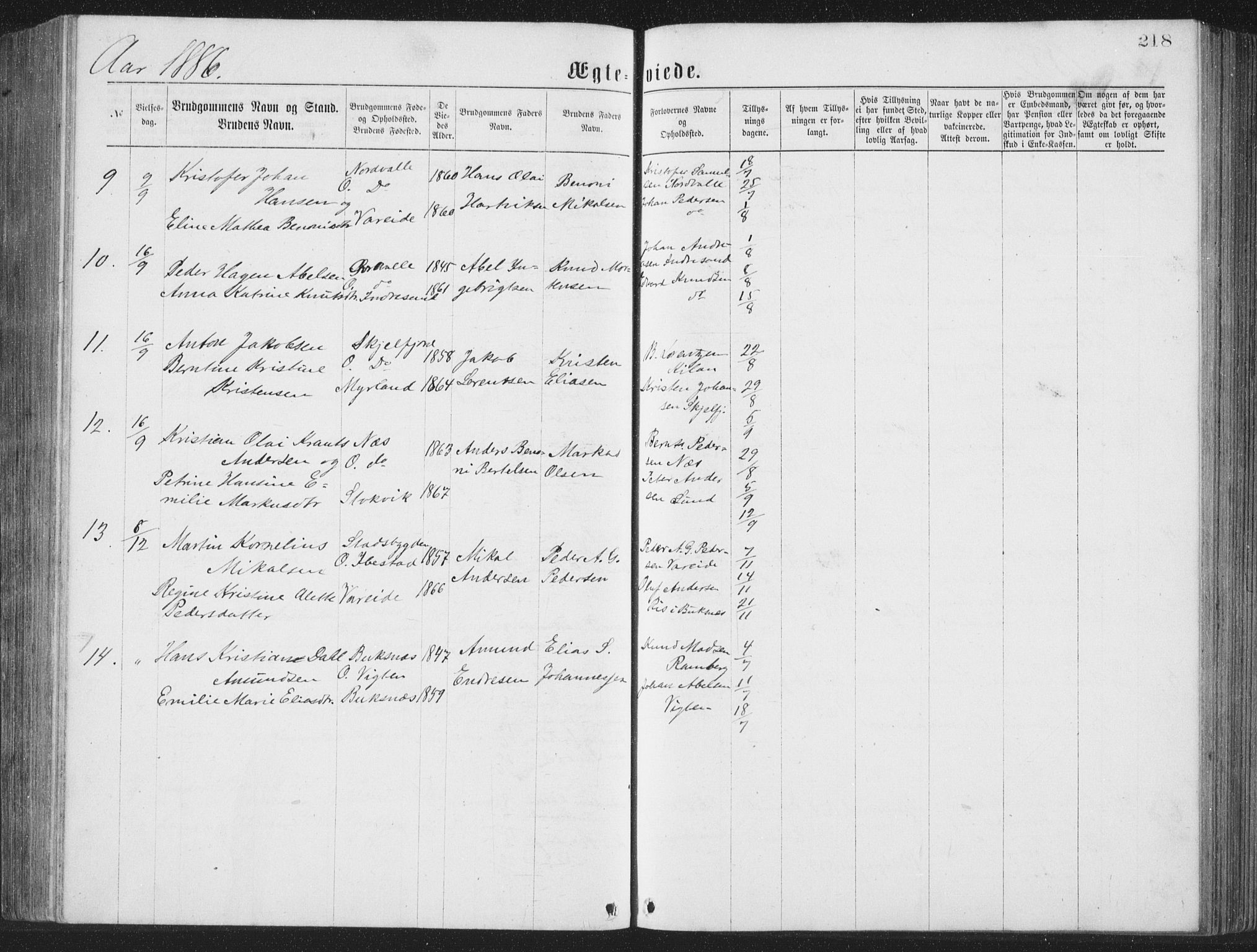 Ministerialprotokoller, klokkerbøker og fødselsregistre - Nordland, SAT/A-1459/885/L1213: Parish register (copy) no. 885C02, 1874-1892, p. 218