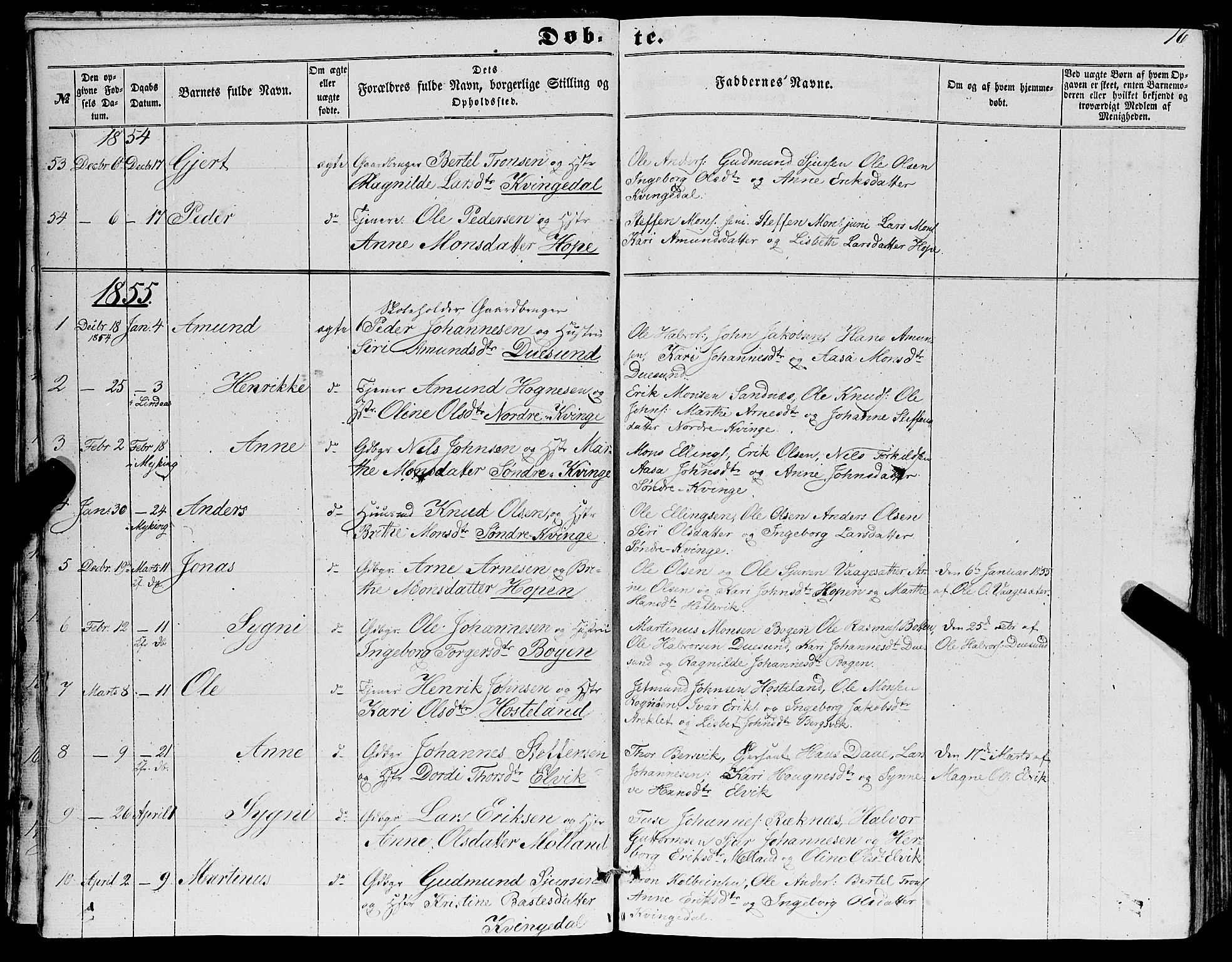 Masfjorden sokneprestembete, AV/SAB-A-77001: Parish register (copy) no. A 1, 1851-1875, p. 16