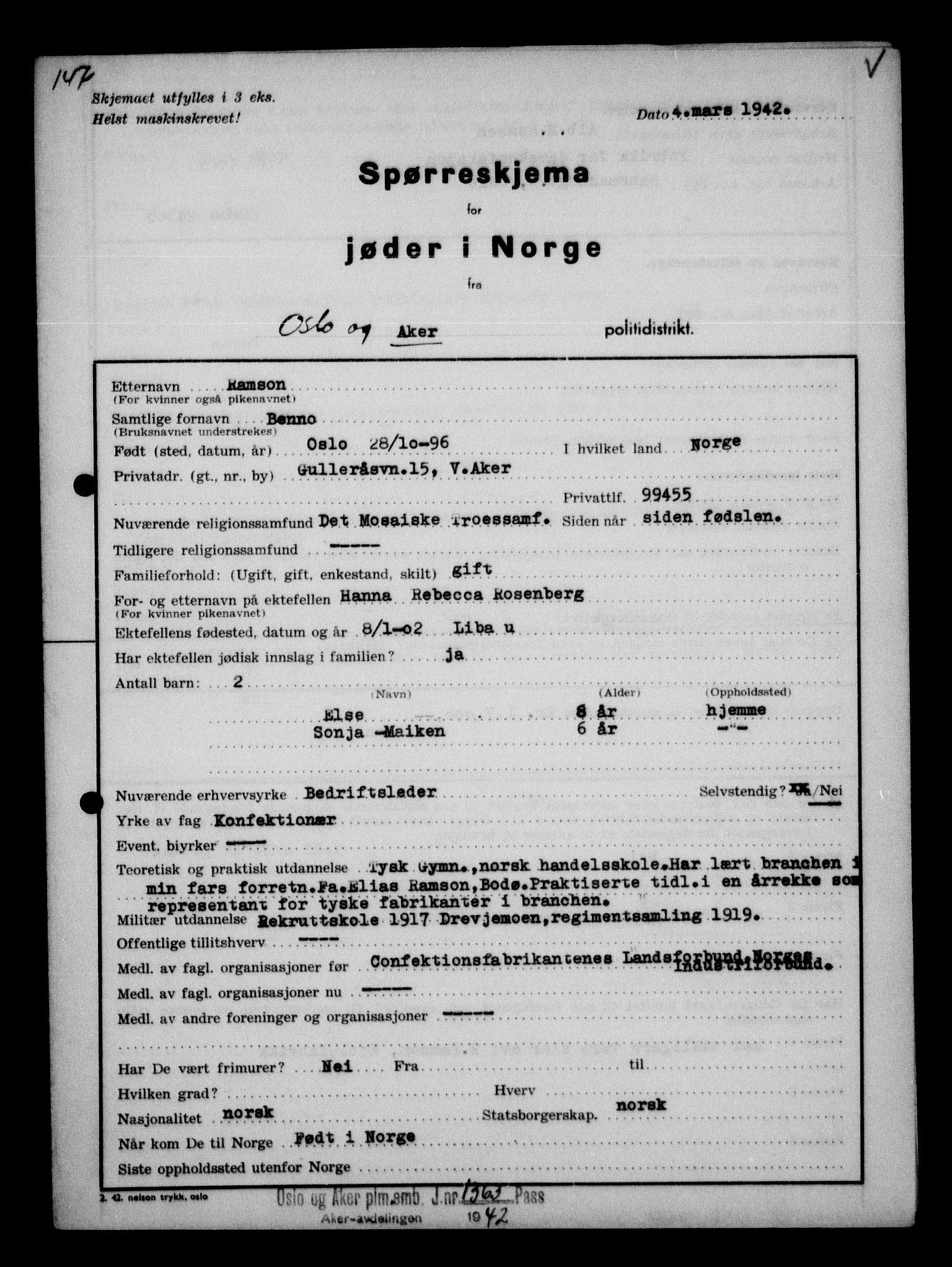 Statspolitiet - Hovedkontoret / Osloavdelingen, AV/RA-S-1329/G/Ga/L0012: Spørreskjema for jøder i Norge. 1: Aker 114- 207 (Levinson-Wozak) og 656 (Salomon). 2: Arendal-Hordaland. 3: Horten-Romerike.  , 1942, p. 102