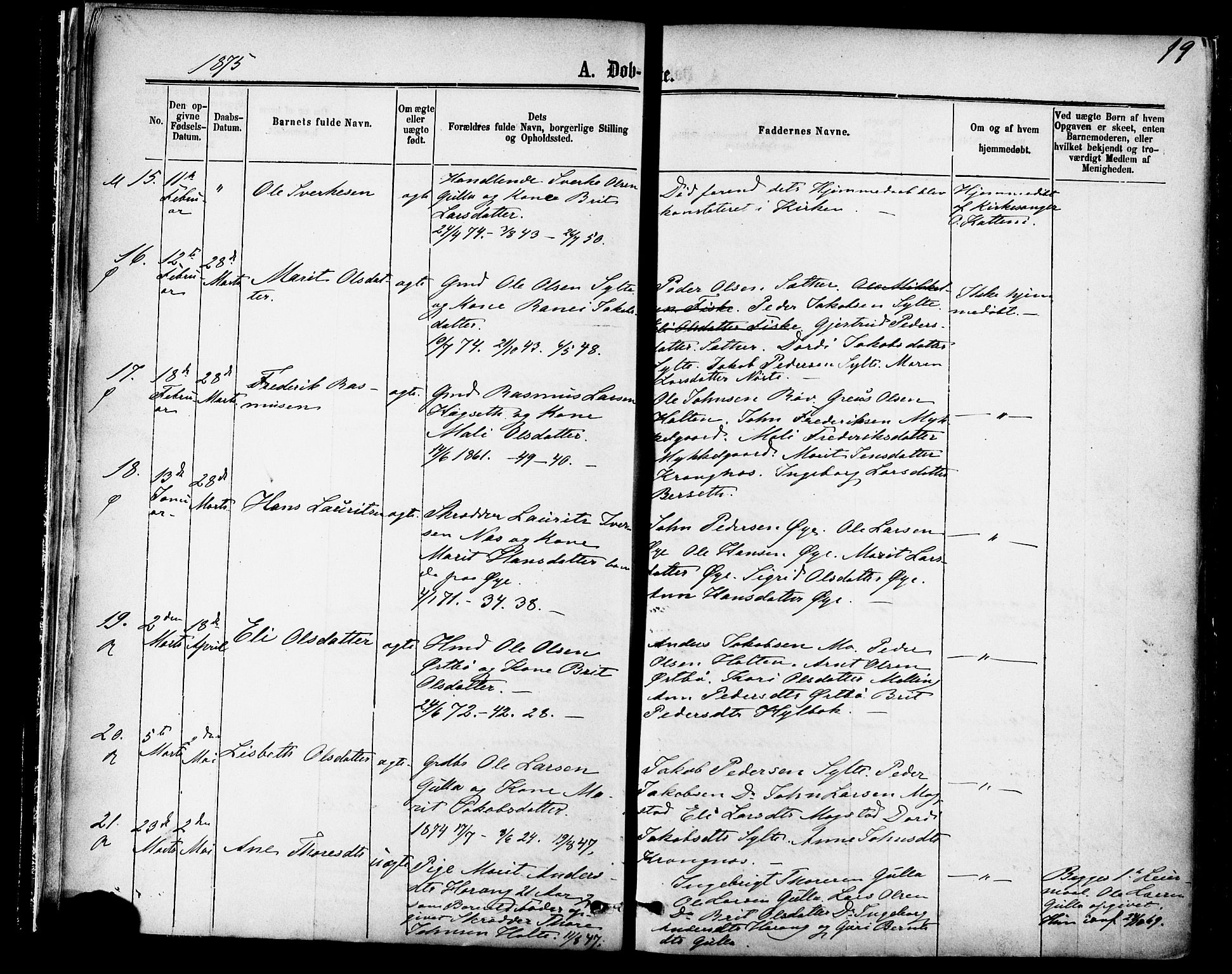 Ministerialprotokoller, klokkerbøker og fødselsregistre - Møre og Romsdal, SAT/A-1454/595/L1046: Parish register (official) no. 595A08, 1874-1884, p. 19