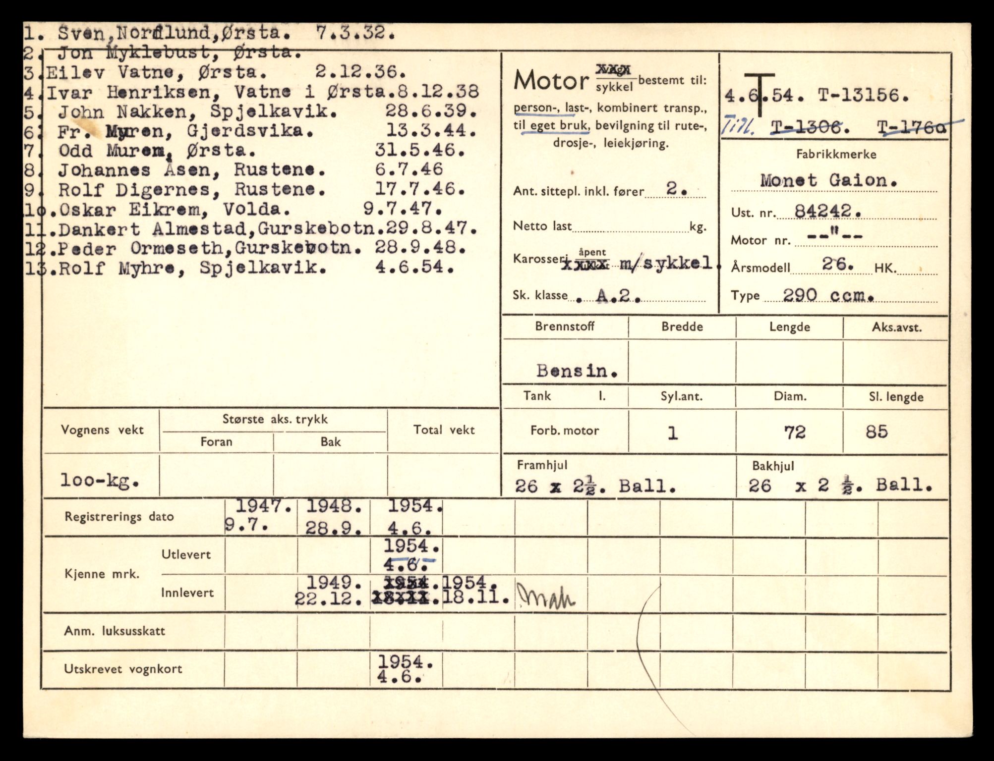 Møre og Romsdal vegkontor - Ålesund trafikkstasjon, AV/SAT-A-4099/F/Fe/L0037: Registreringskort for kjøretøy T 13031 - T 13179, 1927-1998, p. 2439